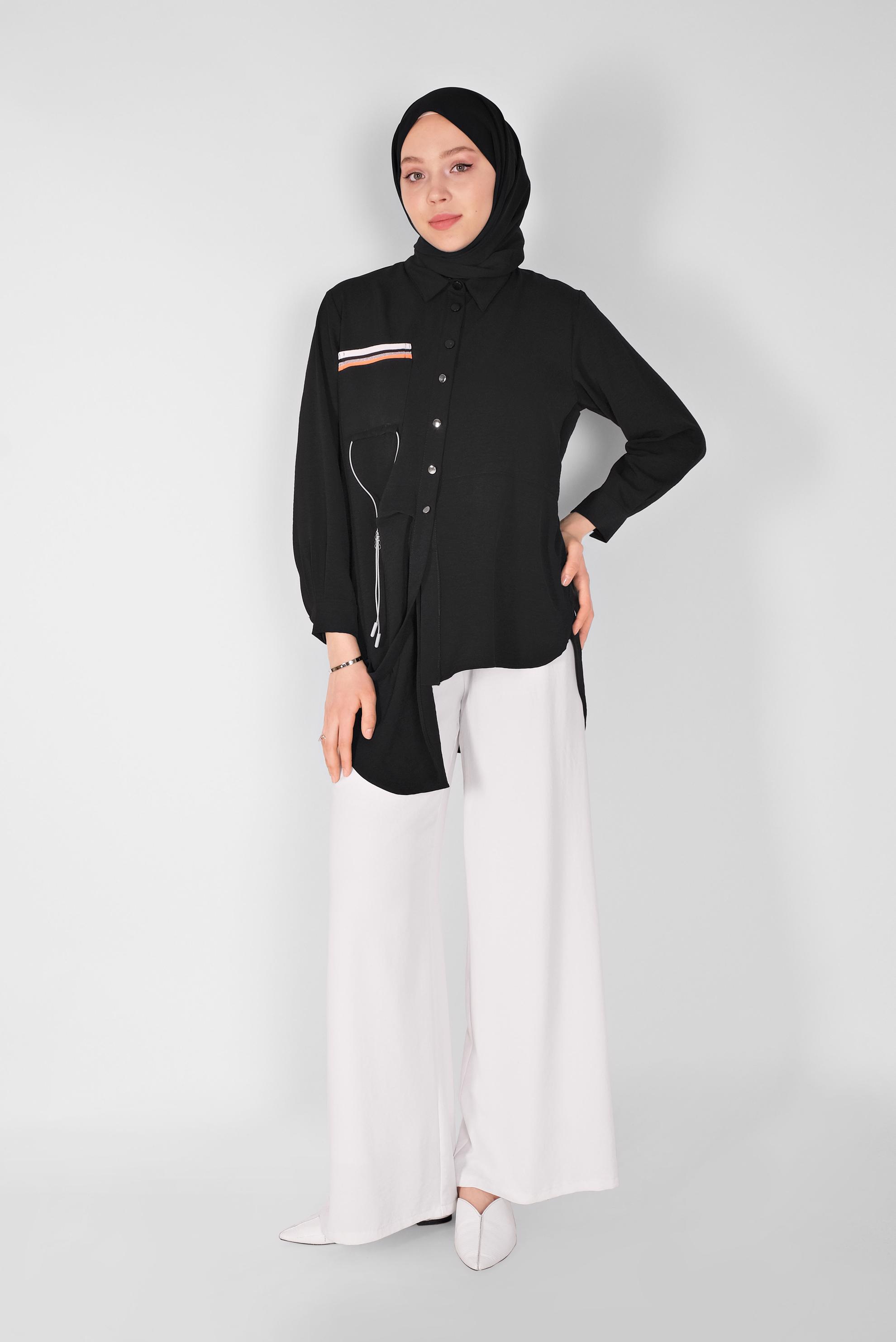 Tesettür giyim SİYAH CEP DETAYLI ASİMETRİK KESİM TUNİK 41796  