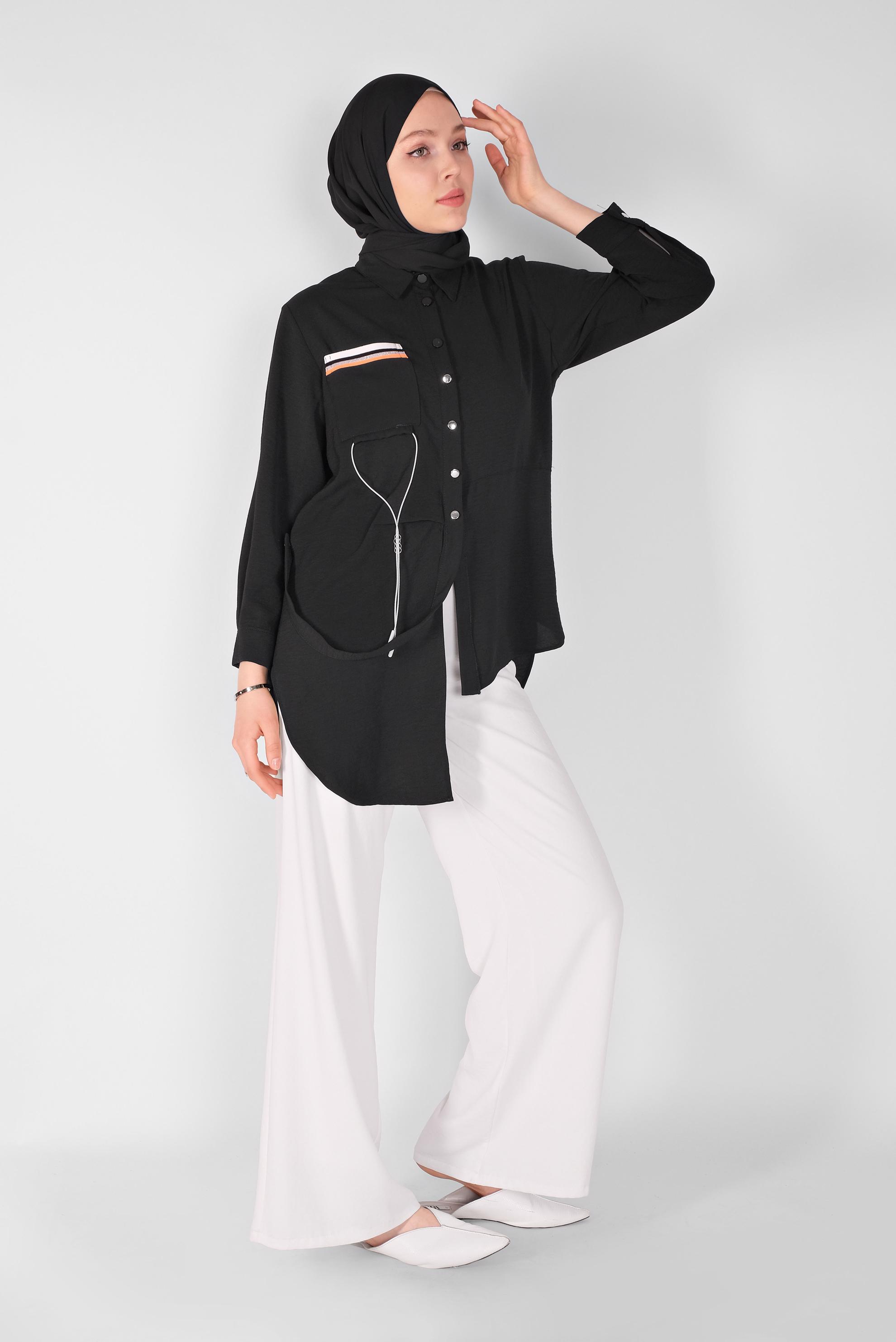 Tesettür giyim SİYAH CEP DETAYLI ASİMETRİK KESİM TUNİK 41796  