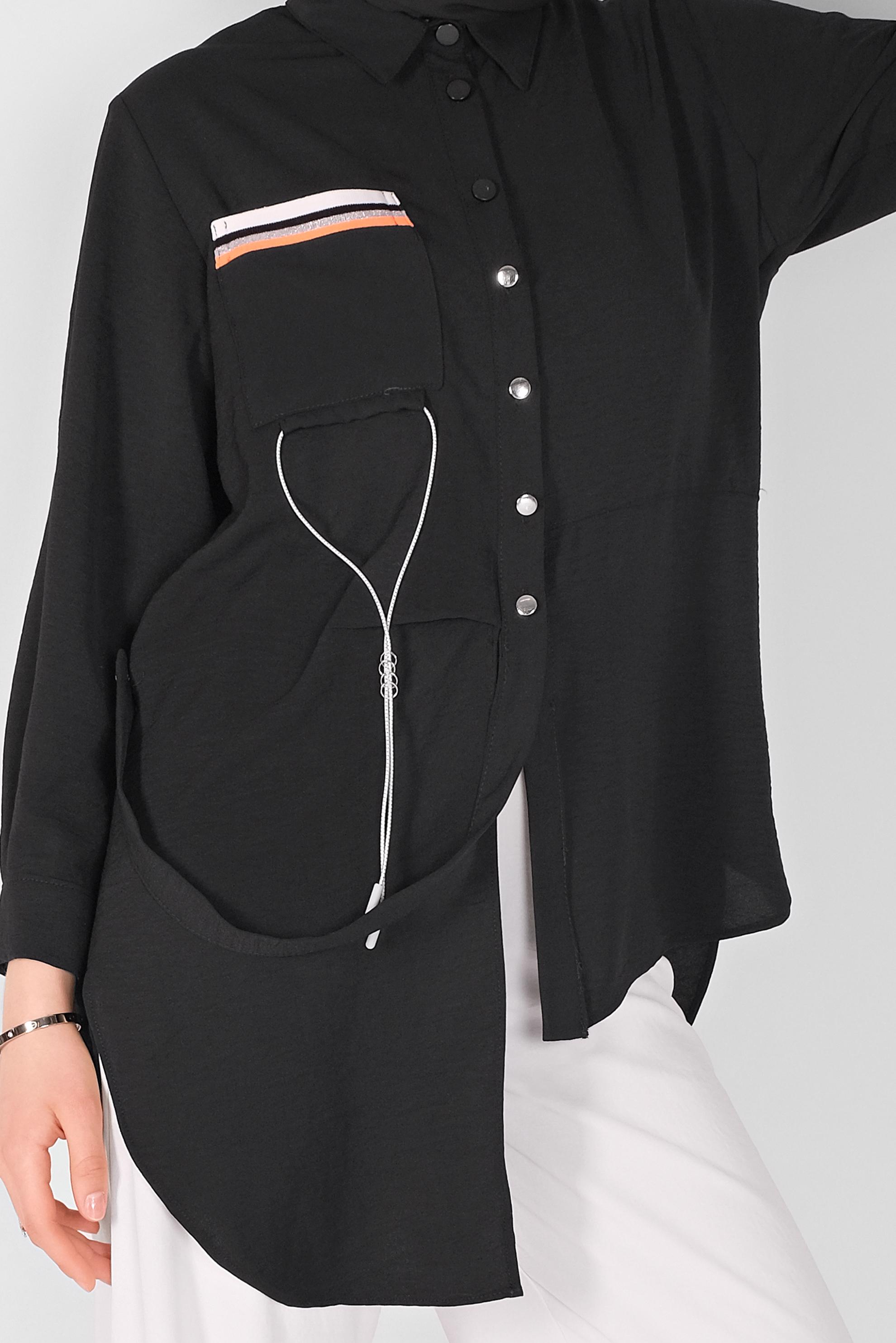 Tesettür giyim SİYAH CEP DETAYLI ASİMETRİK KESİM TUNİK 41796  