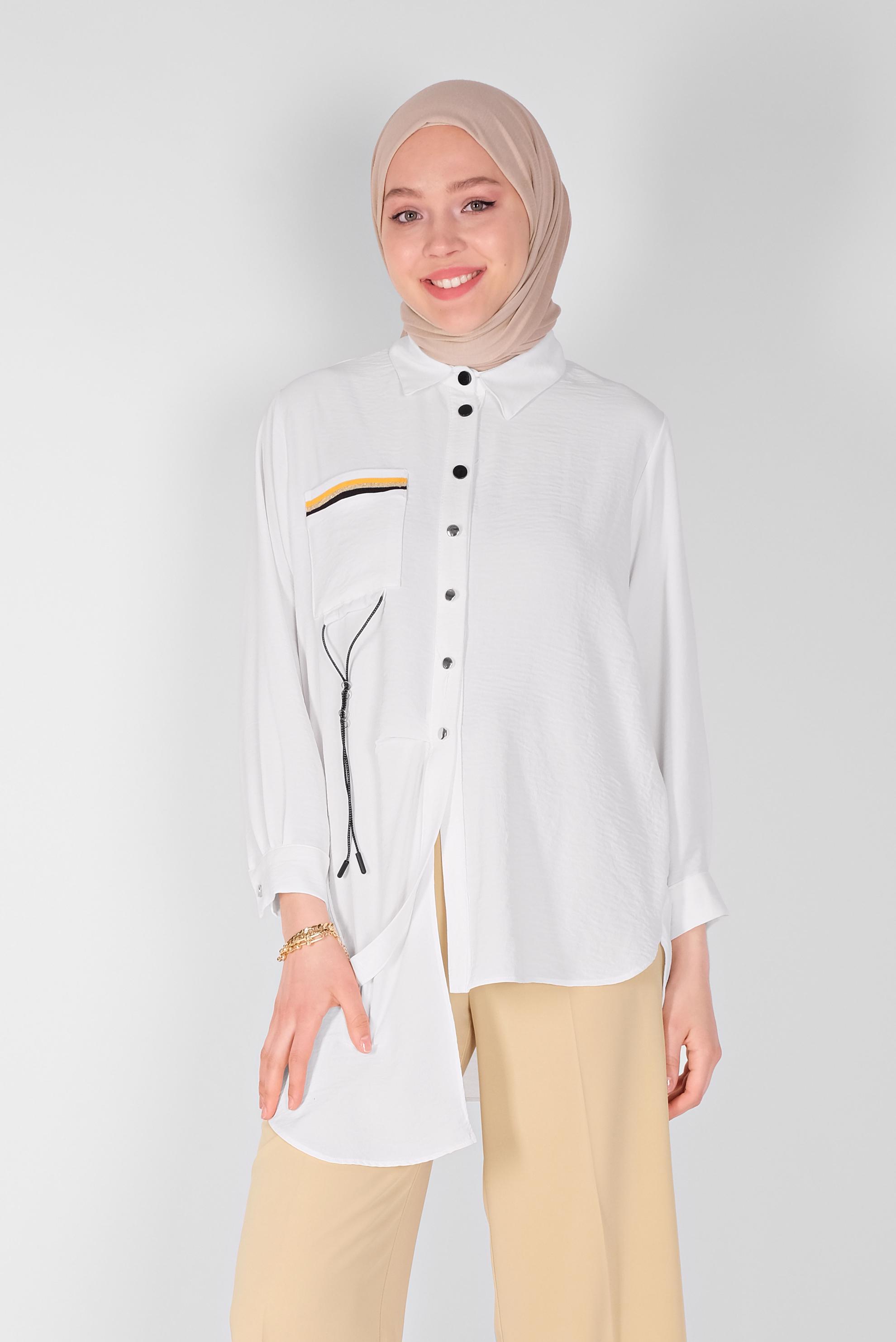 Tesettür giyim BEYAZ CEP DETAYLI ASİMETRİK KESİM TUNİK 41796  