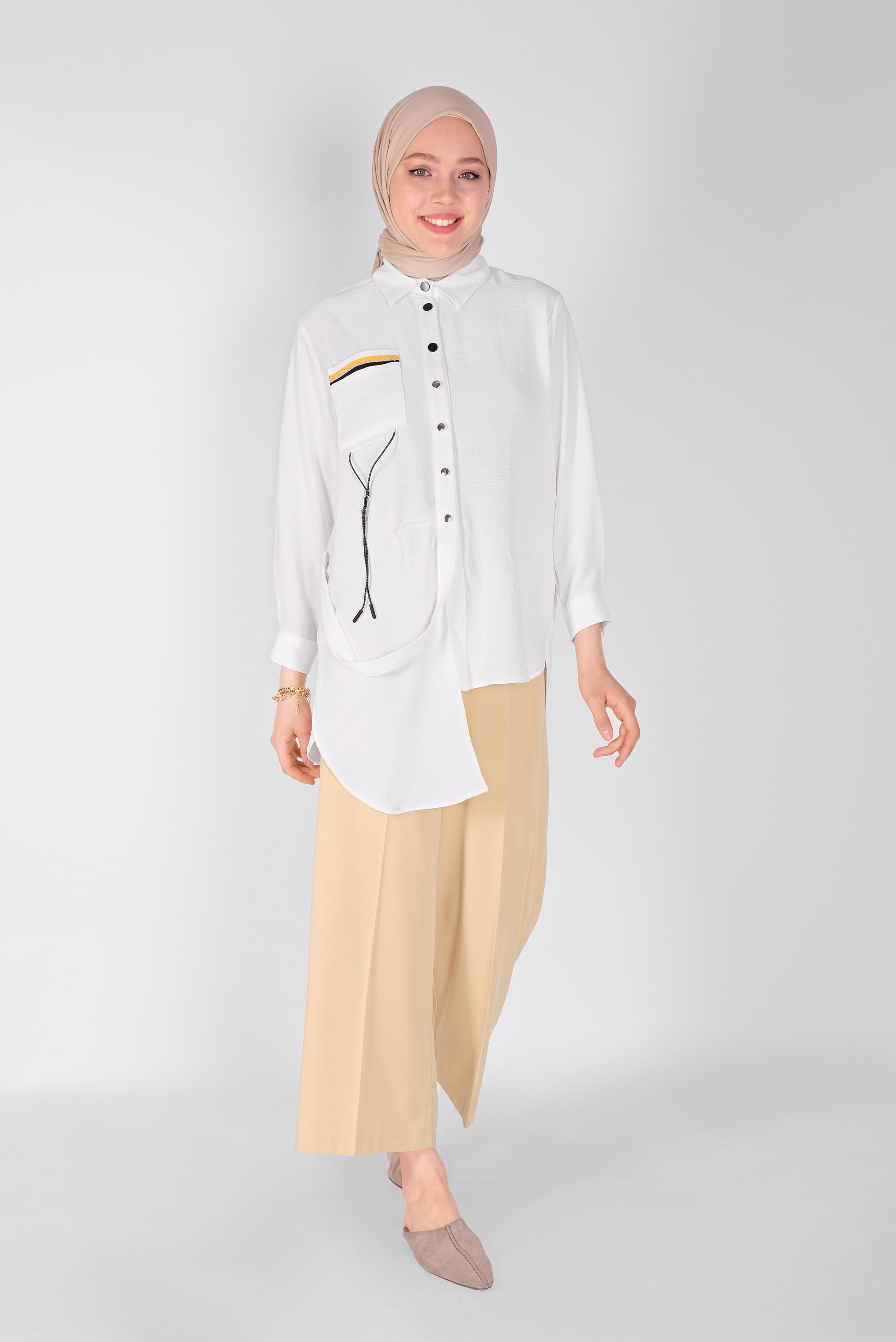 Tesettür giyim BEYAZ CEP DETAYLI ASİMETRİK KESİM TUNİK 41796  