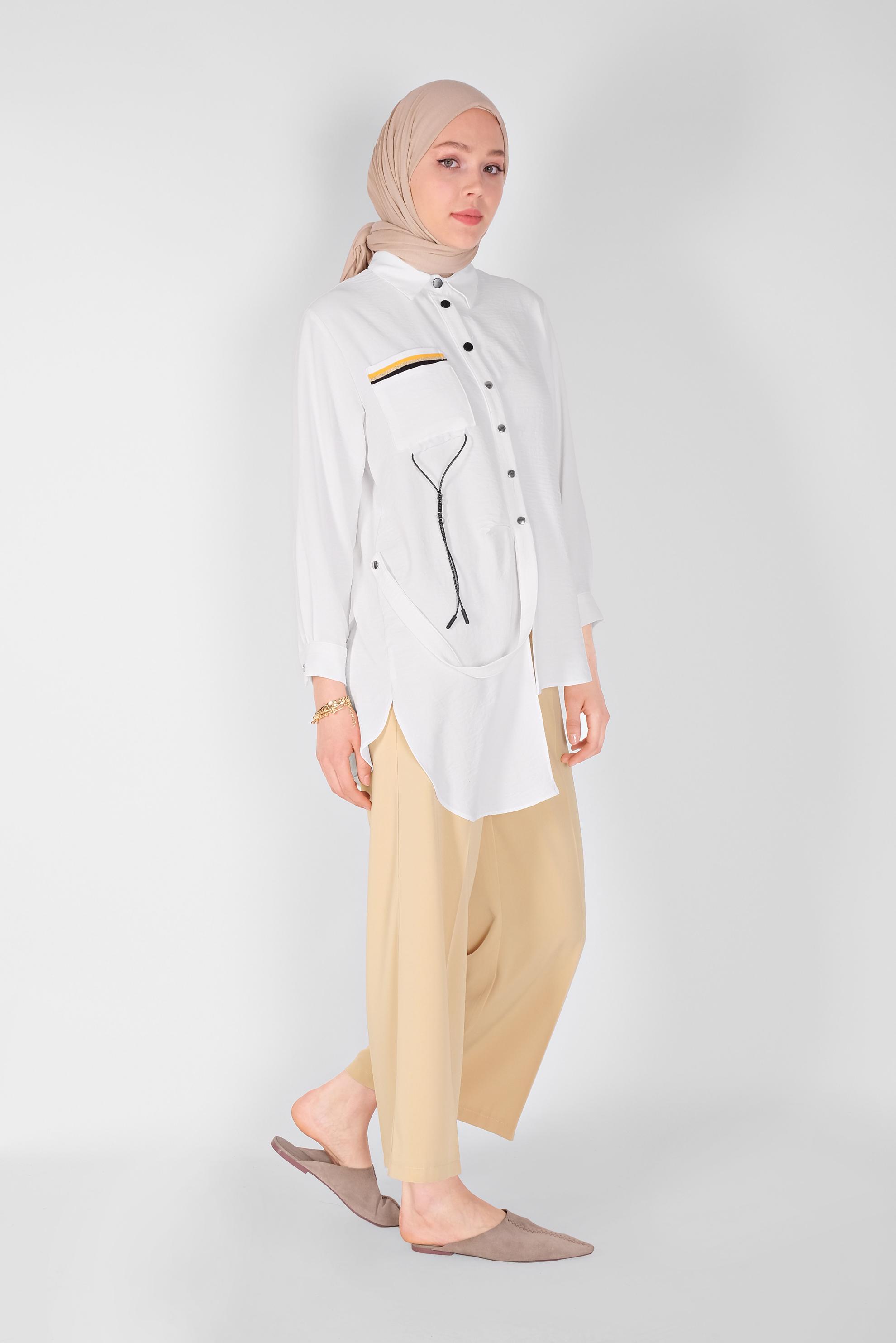 Tesettür giyim BEYAZ CEP DETAYLI ASİMETRİK KESİM TUNİK 41796  