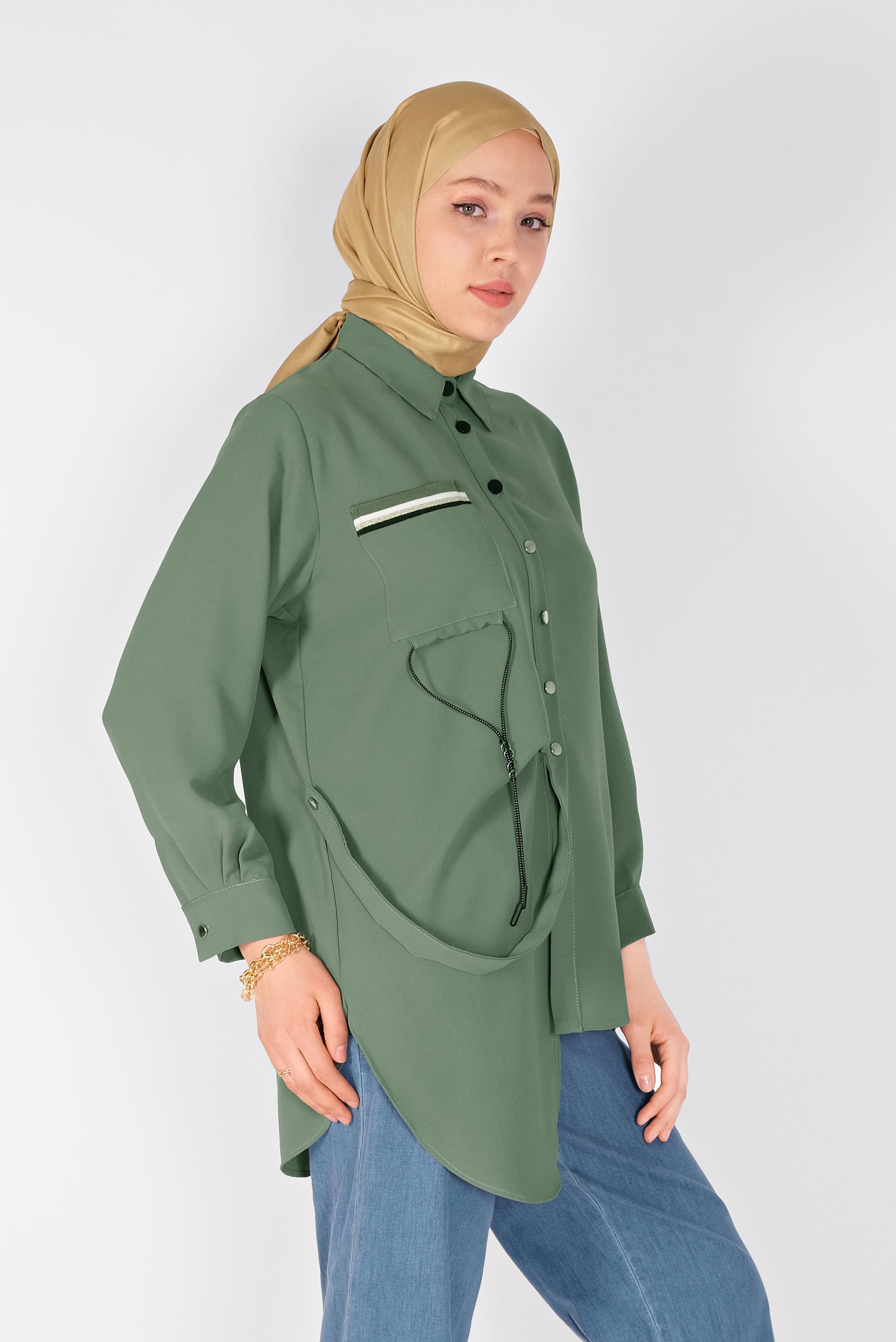 Tesettür giyim YEŞİL CEP DETAYLI ASİMETRİK KESİM TUNİK 41796  