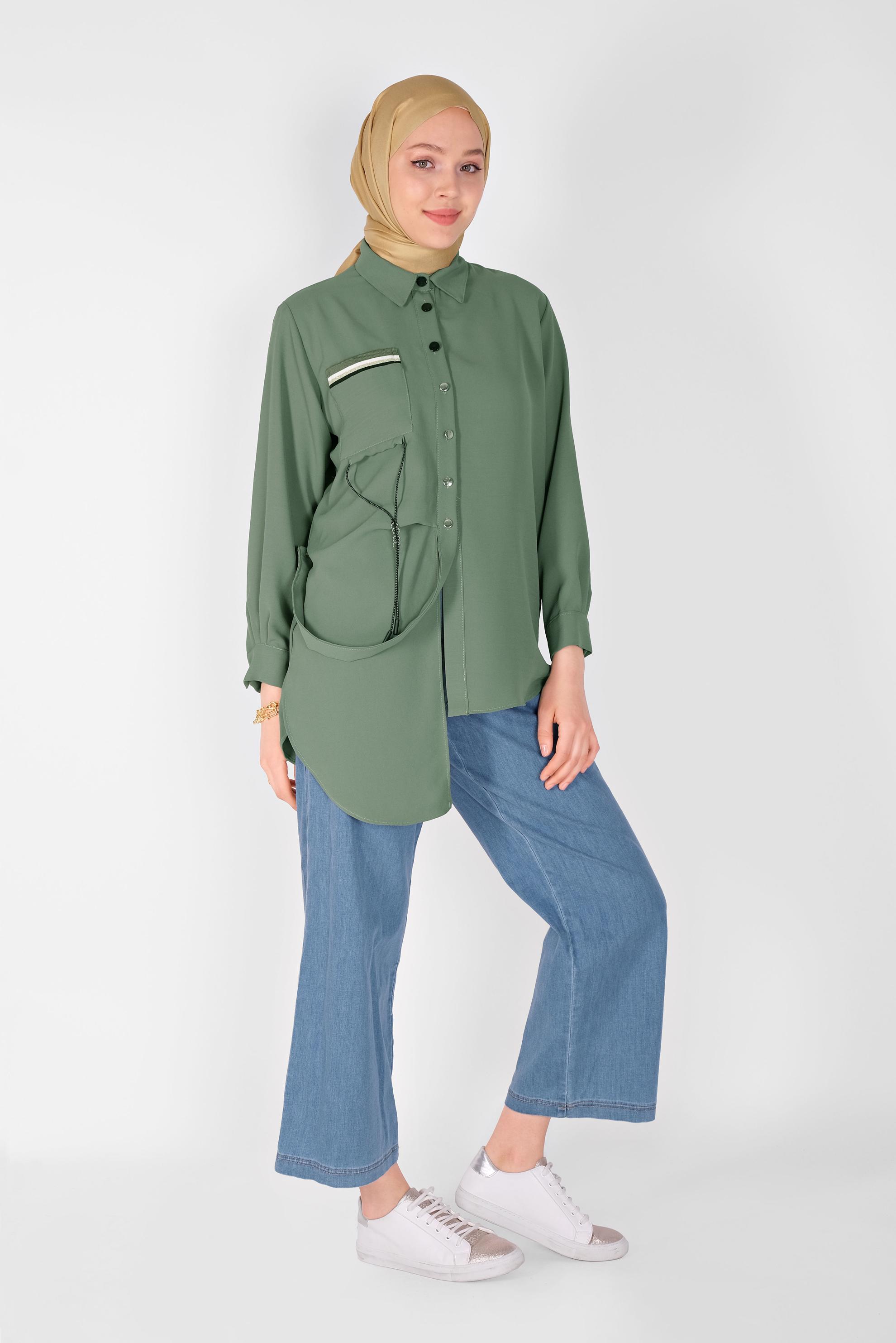 Tesettür giyim YEŞİL CEP DETAYLI ASİMETRİK KESİM TUNİK 41796  
