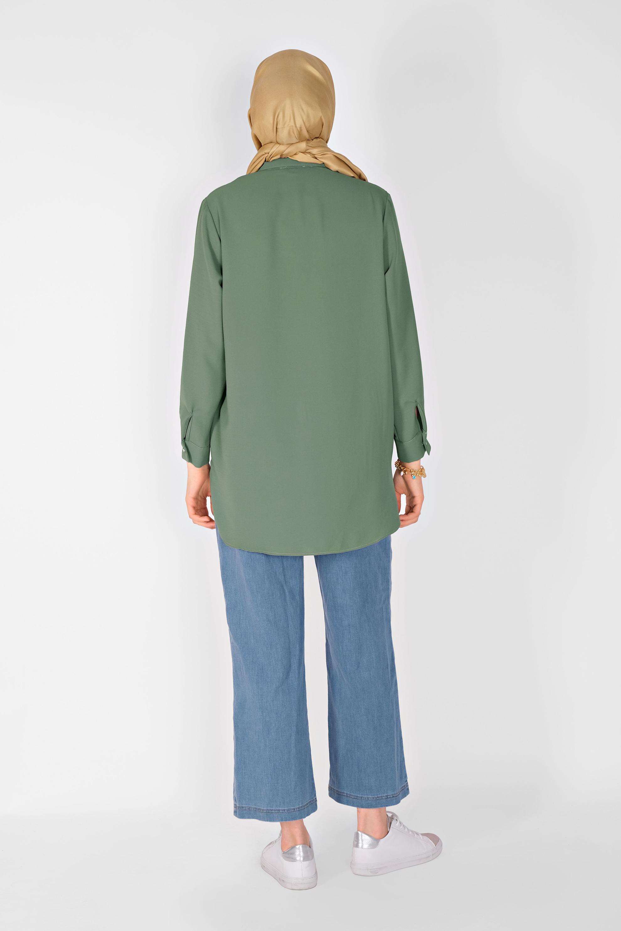 Tesettür giyim YEŞİL CEP DETAYLI ASİMETRİK KESİM TUNİK 41796  