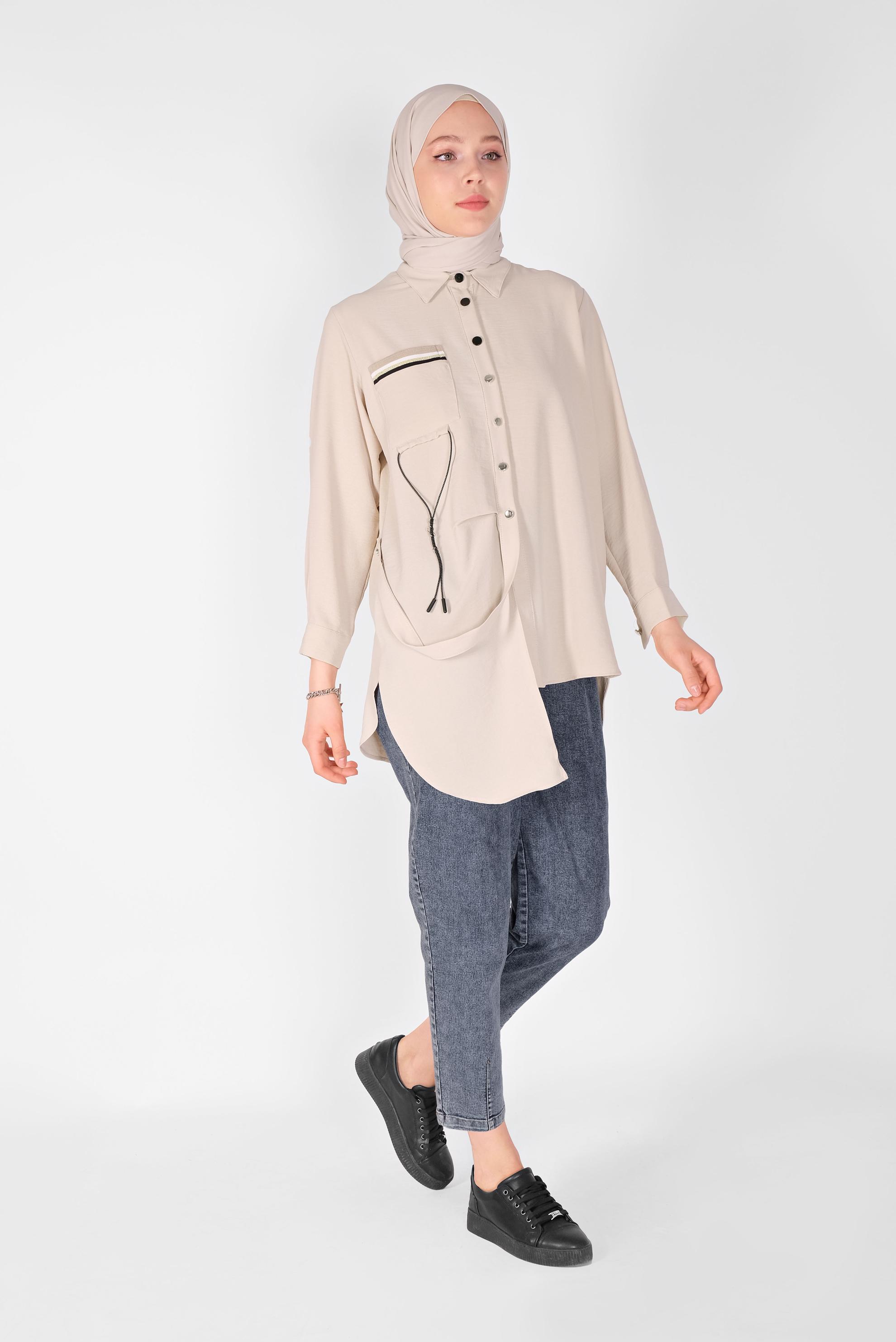 Tesettür giyim BEJ CEP DETAYLI ASİMETRİK KESİM TUNİK 41796  