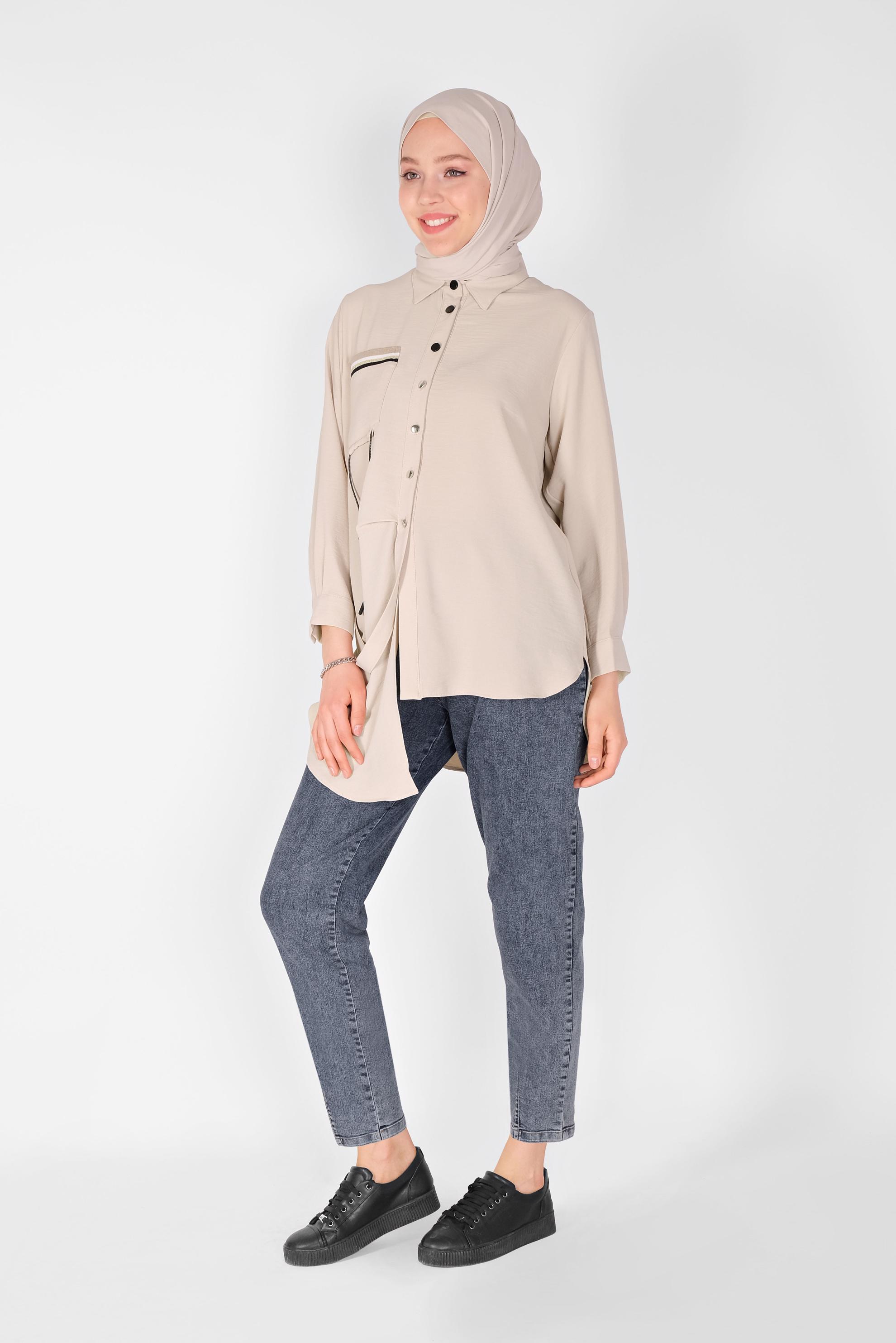 Tesettür giyim BEJ CEP DETAYLI ASİMETRİK KESİM TUNİK 41796  