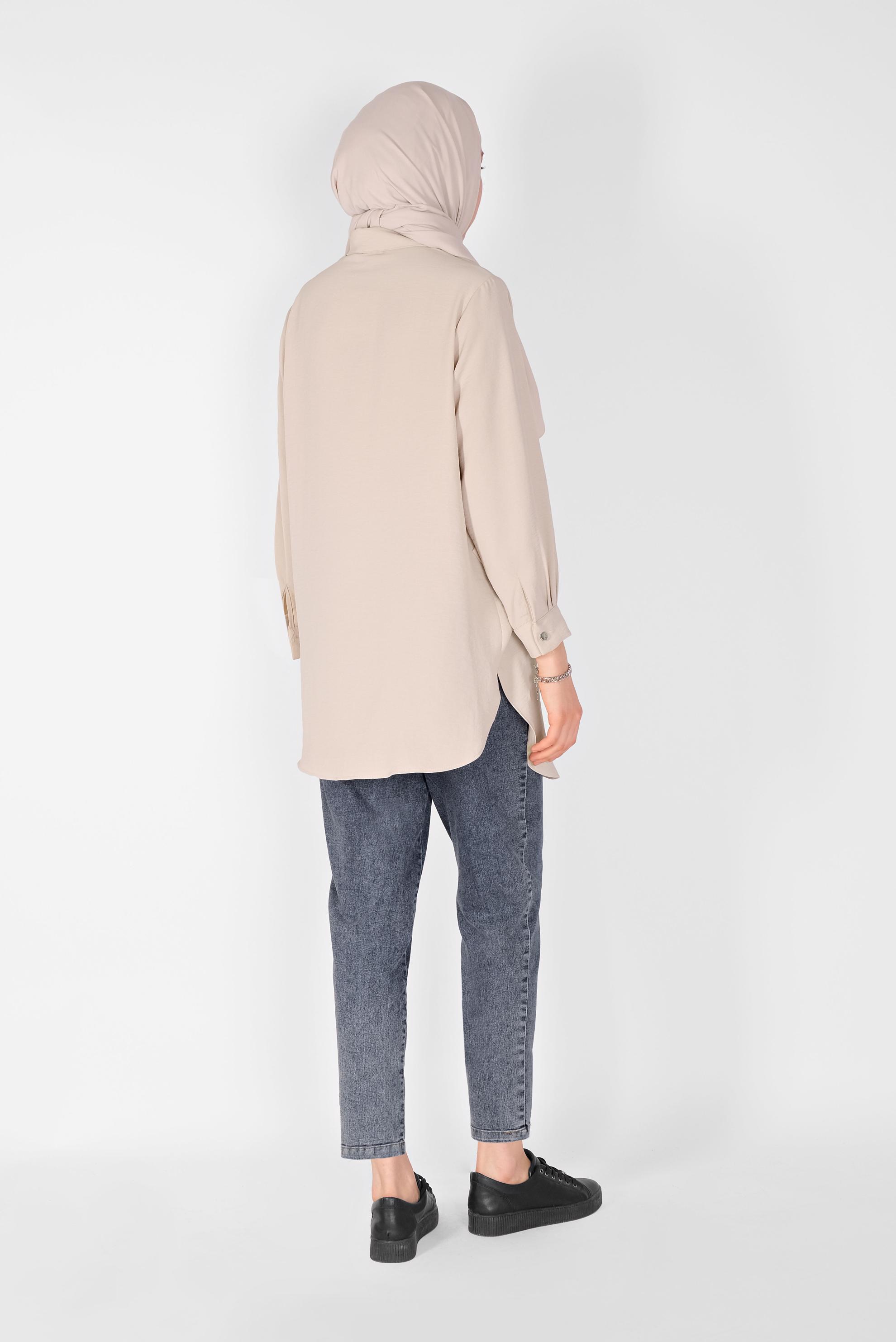 Tesettür giyim BEJ CEP DETAYLI ASİMETRİK KESİM TUNİK 41796  