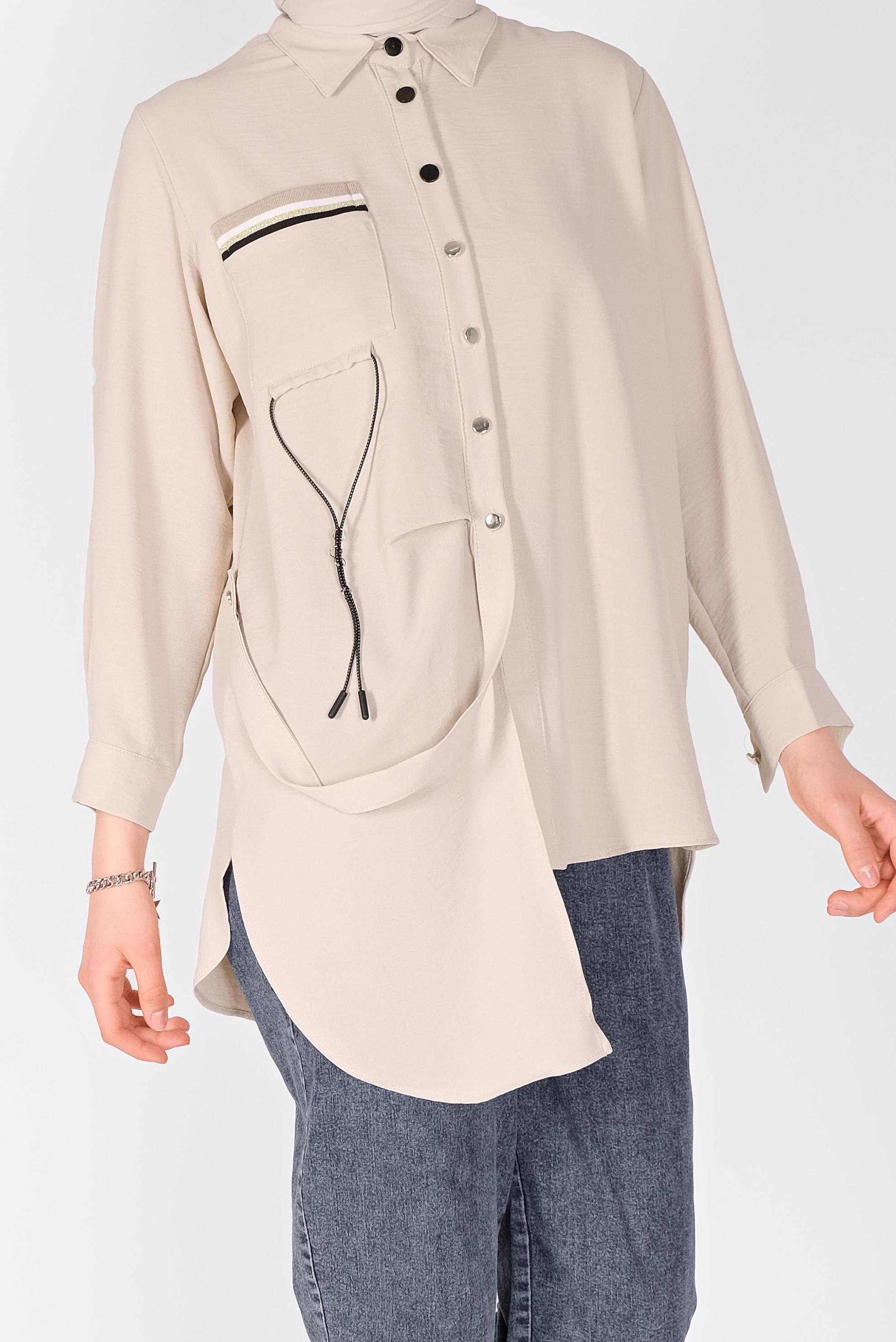 Tesettür giyim BEJ CEP DETAYLI ASİMETRİK KESİM TUNİK 41796  