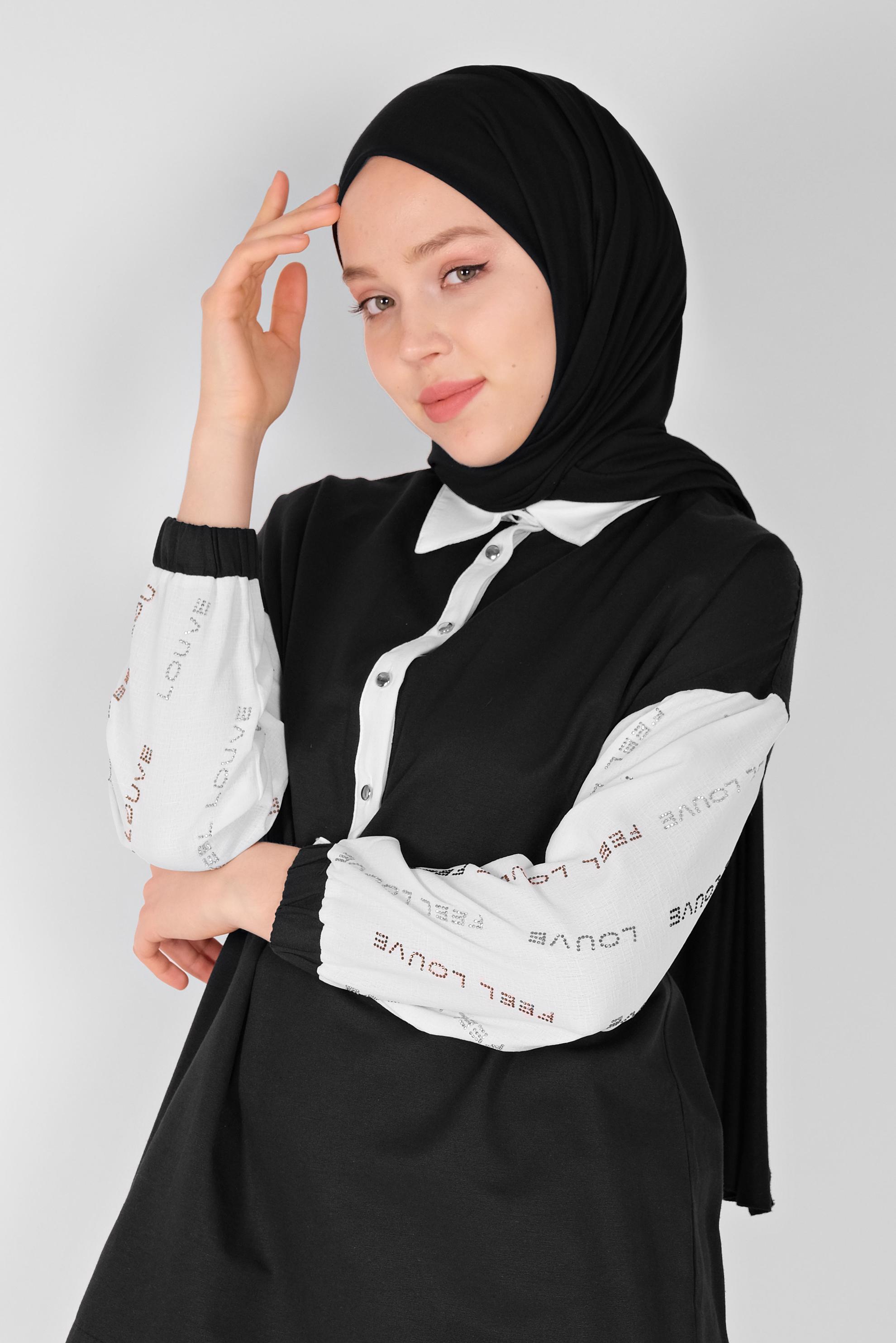 Tesettür giyim SİYAH YAZI BASKILI 2 RENK TUNİK 41797 