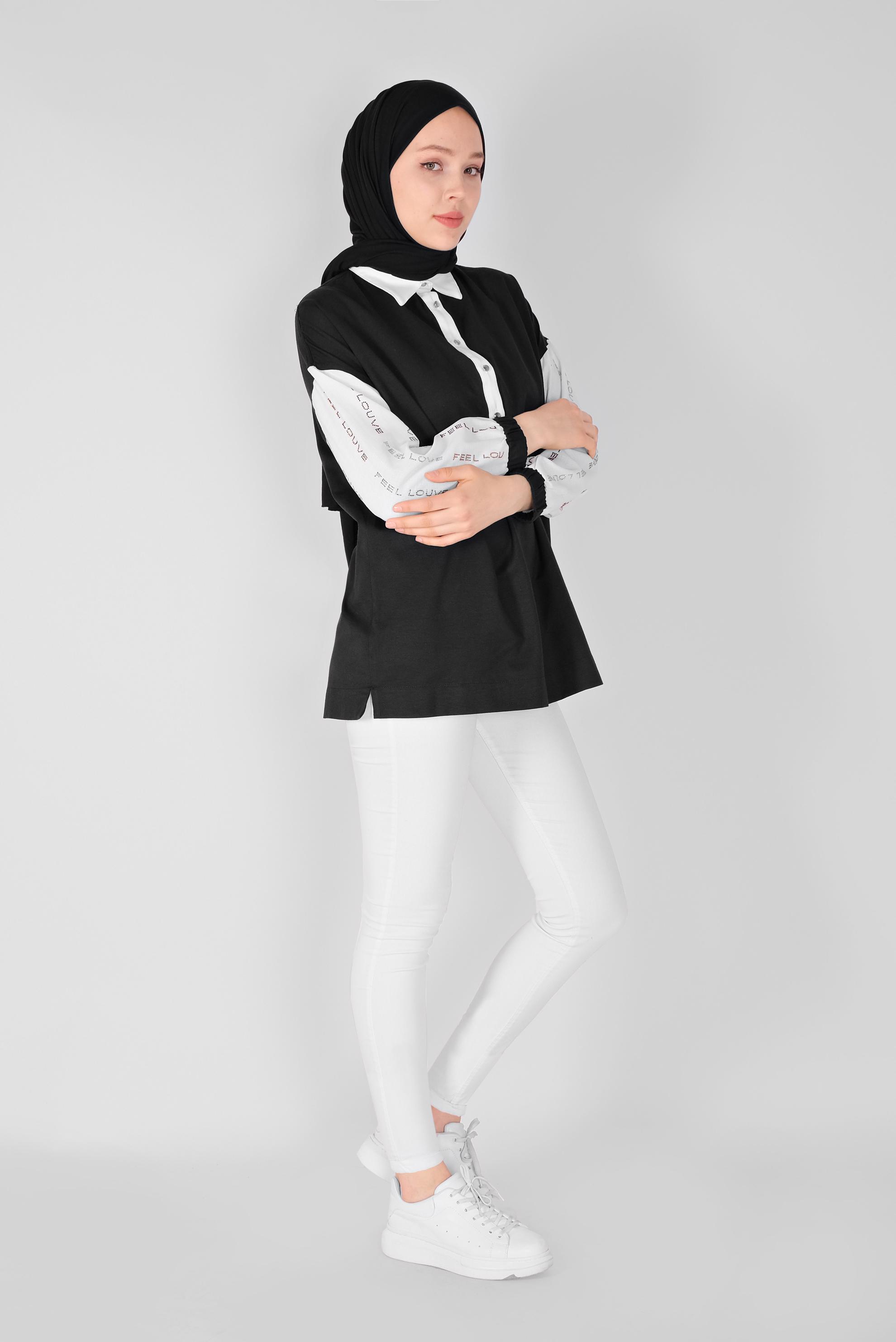 Tesettür giyim SİYAH YAZI BASKILI 2 RENK TUNİK 41797 