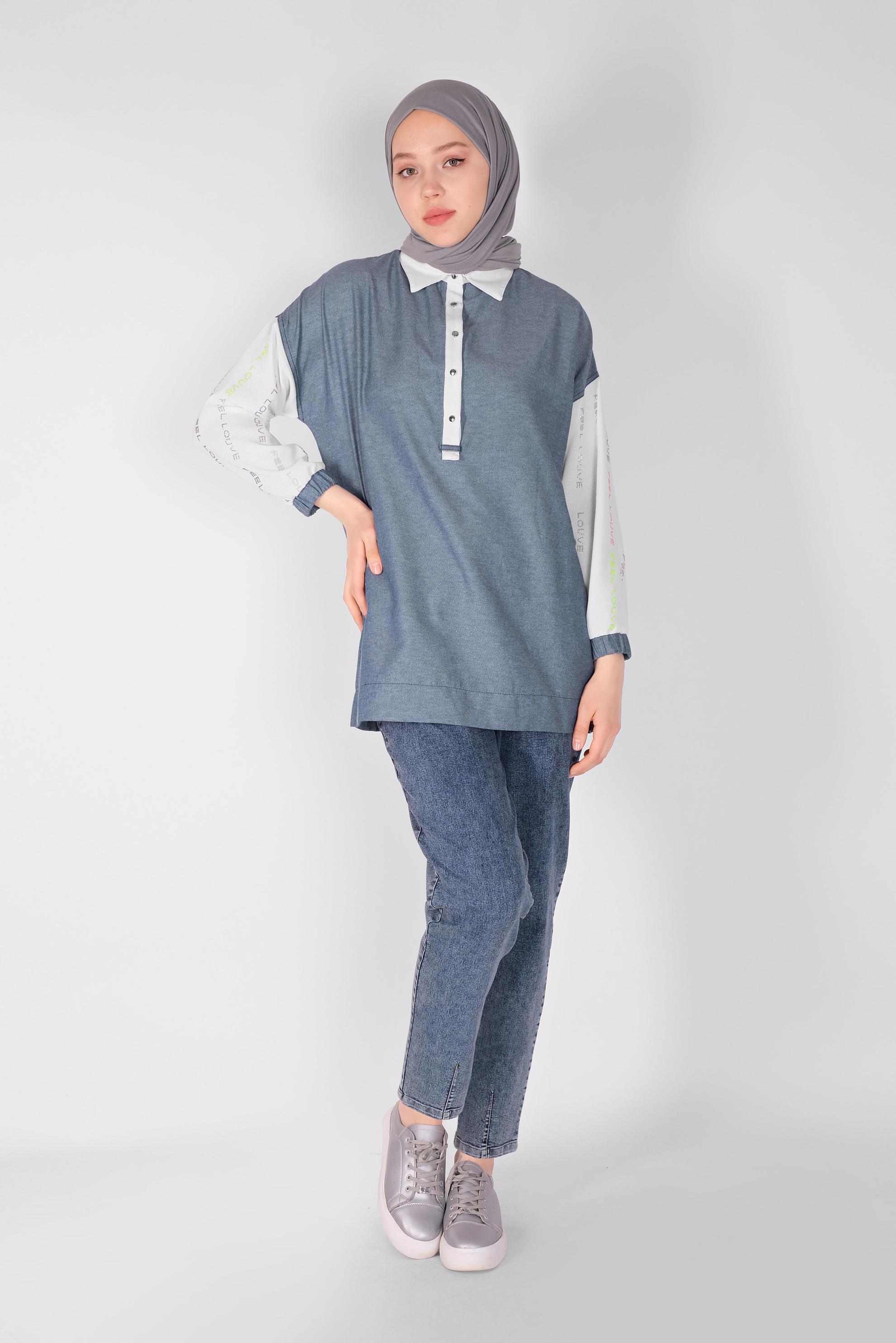 Tesettür giyim MAVİ YAZI BASKILI 2 RENK TUNİK 41797 