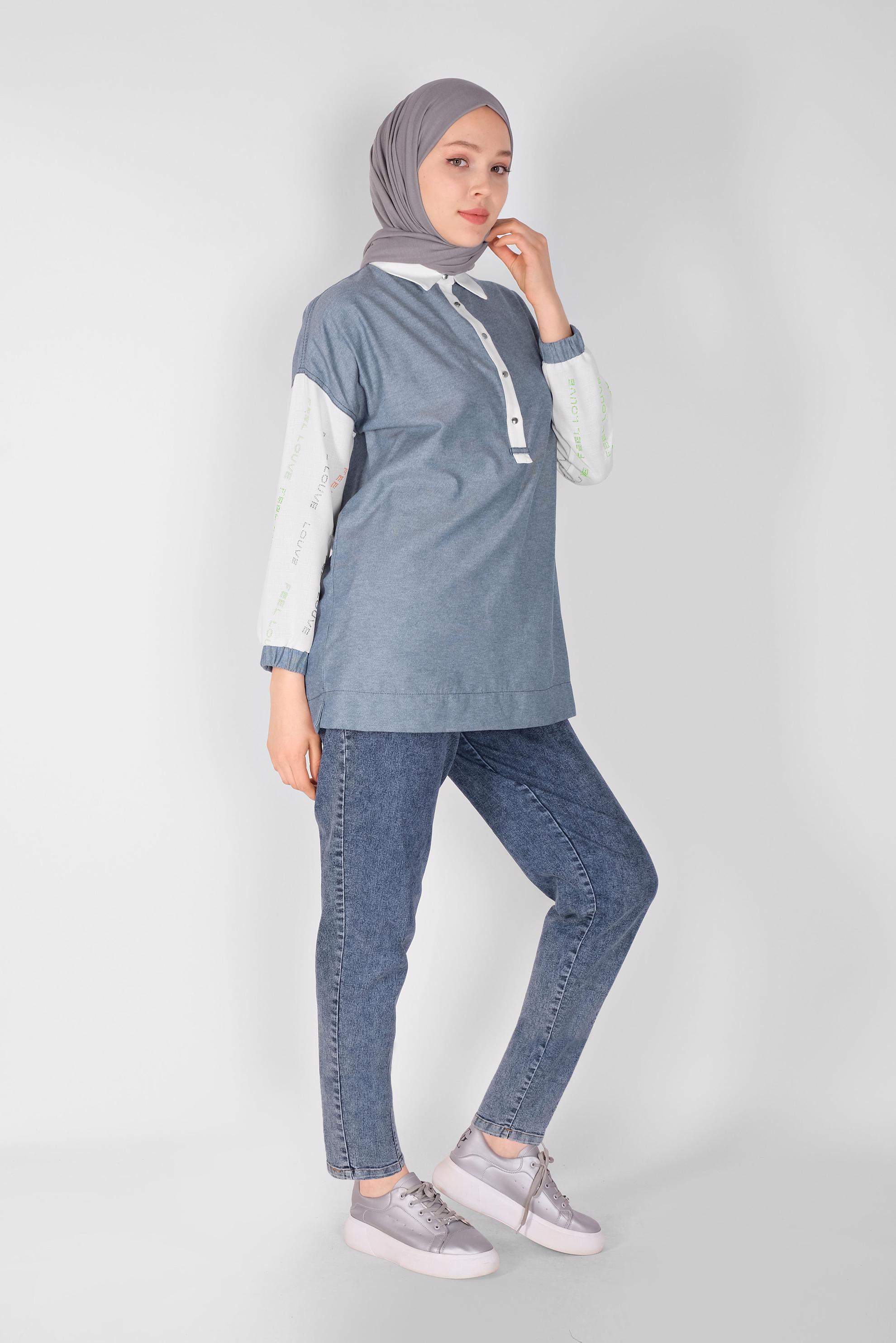 Tesettür giyim MAVİ YAZI BASKILI 2 RENK TUNİK 41797 