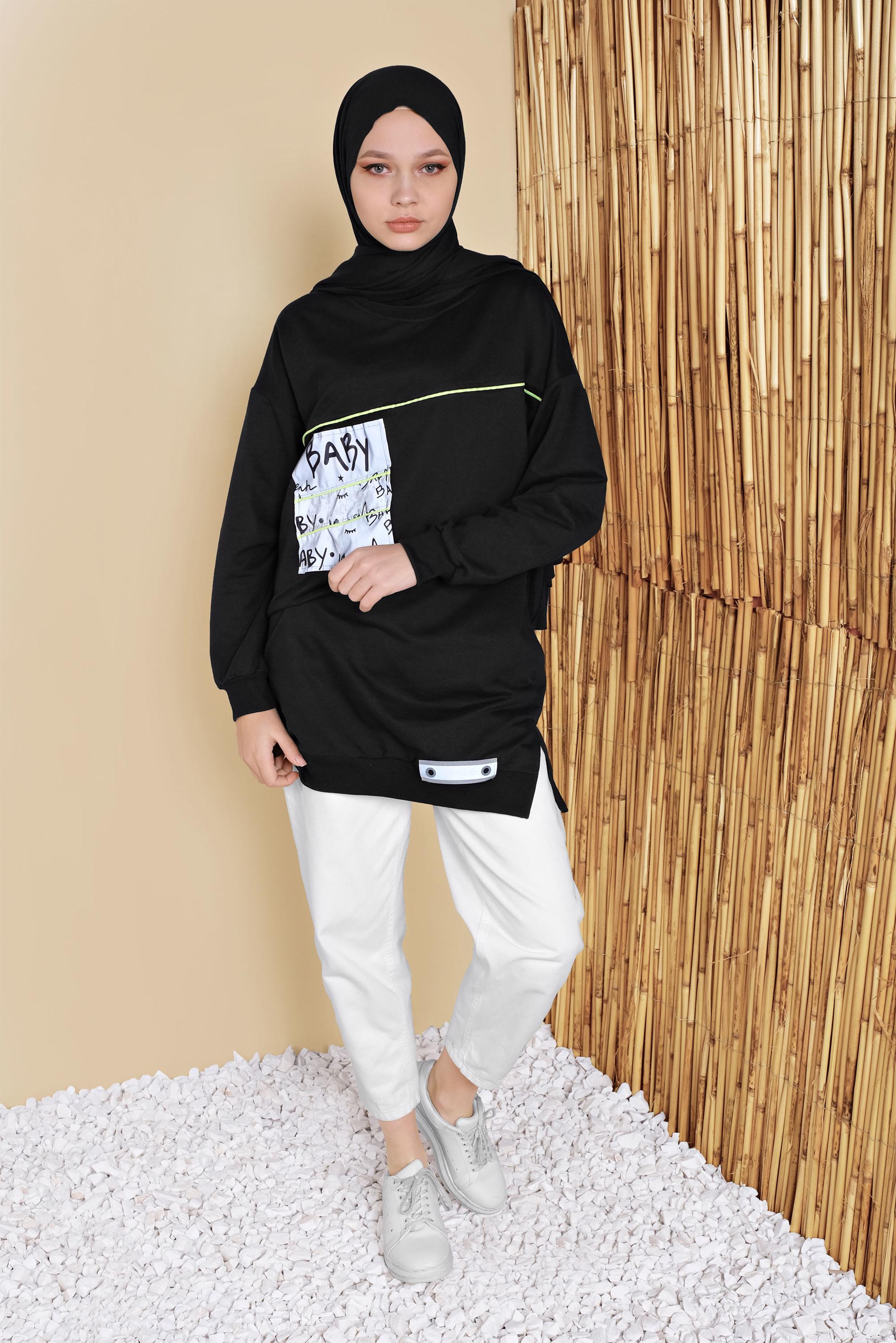 Tesettür giyim SİYAH YAZI BASKILI YUVARLAK YAKA TUNİK 41798