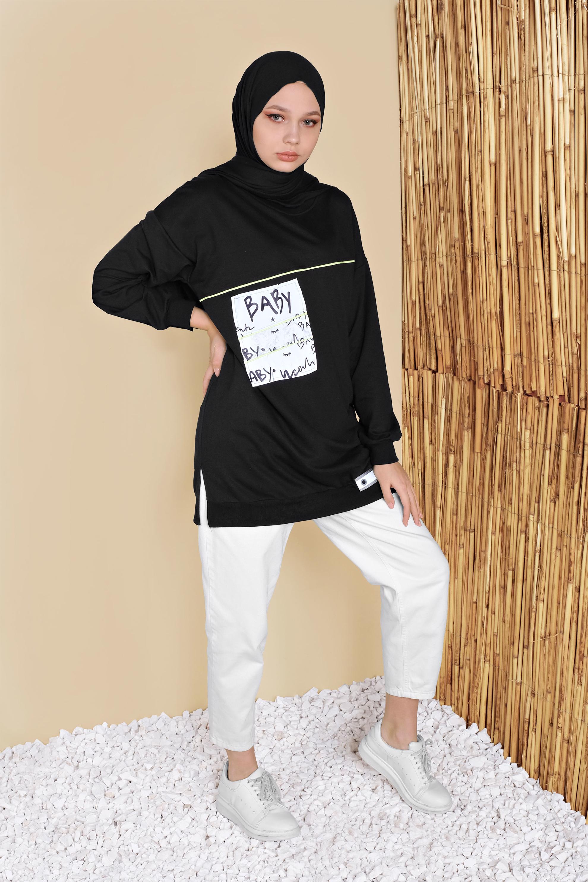 Tesettür giyim SİYAH YAZI BASKILI YUVARLAK YAKA TUNİK 41798