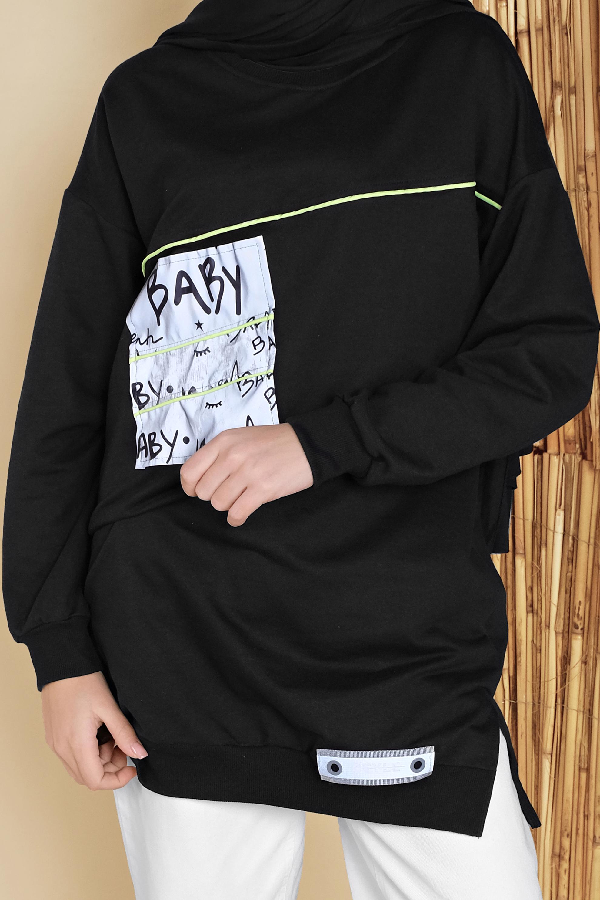 Tesettür giyim SİYAH YAZI BASKILI YUVARLAK YAKA TUNİK 41798