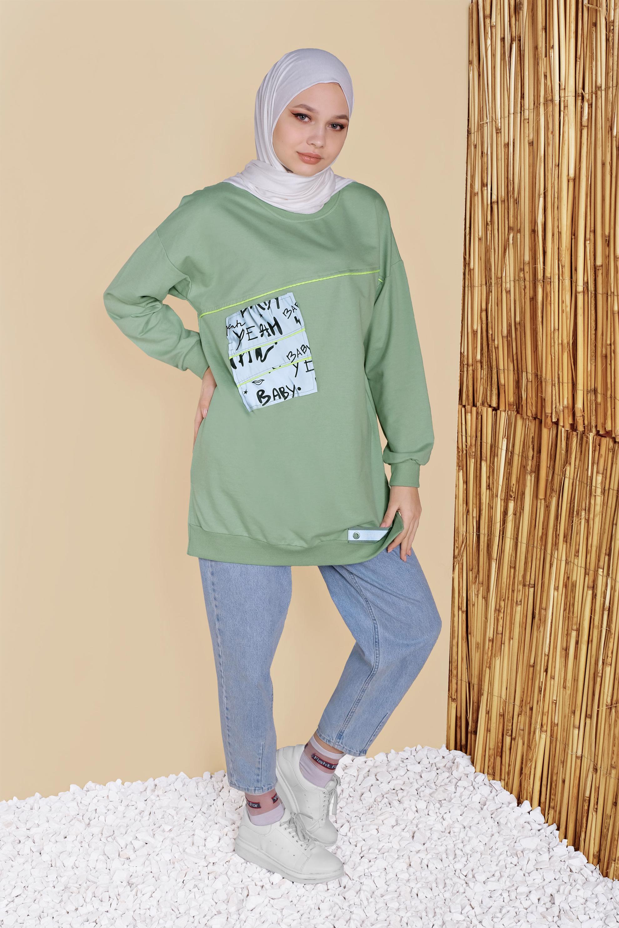 Tesettür giyim YEŞİL YAZI BASKILI YUVARLAK YAKA TUNİK 41798