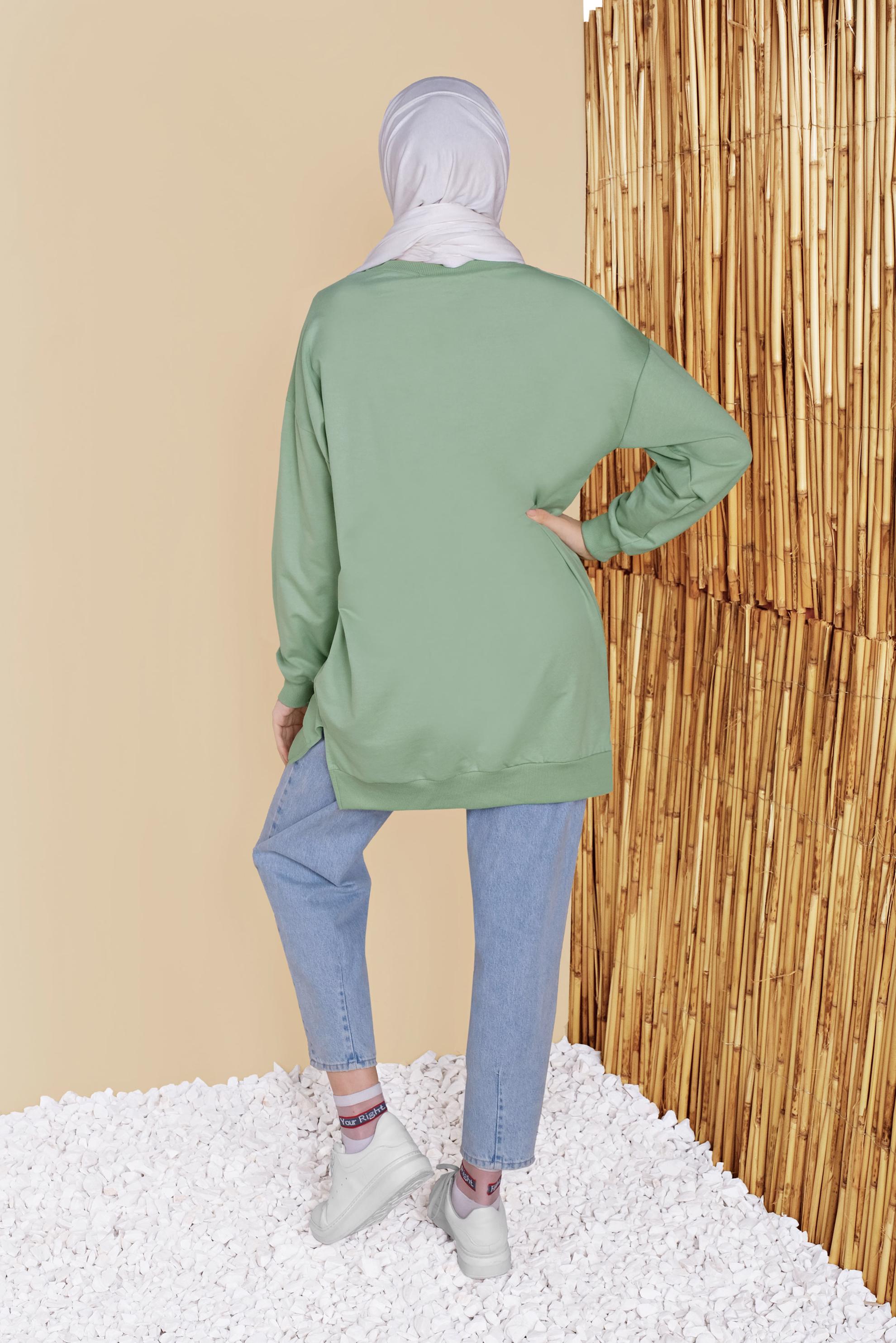 Tesettür giyim YEŞİL YAZI BASKILI YUVARLAK YAKA TUNİK 41798