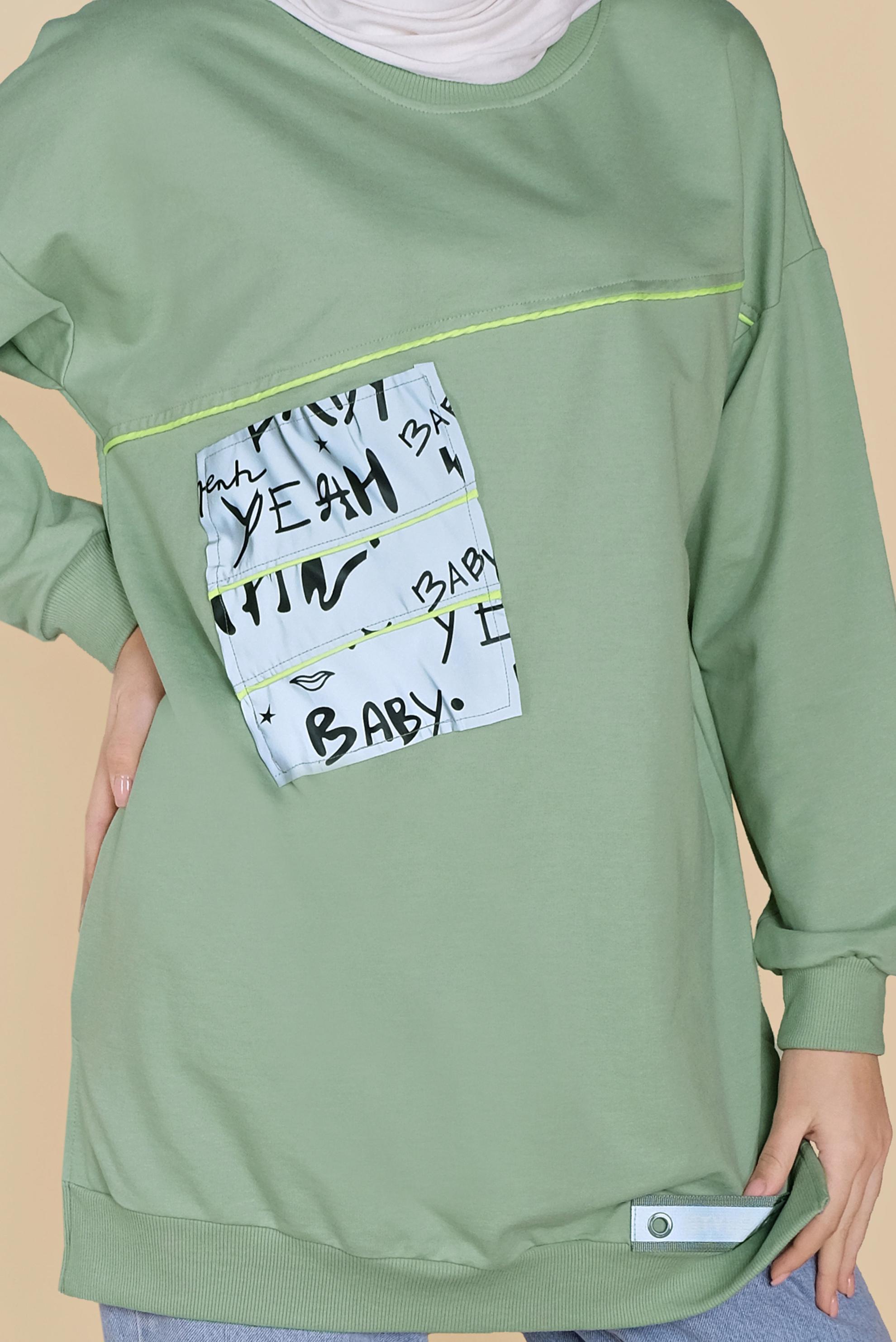 Tesettür giyim YEŞİL YAZI BASKILI YUVARLAK YAKA TUNİK 41798