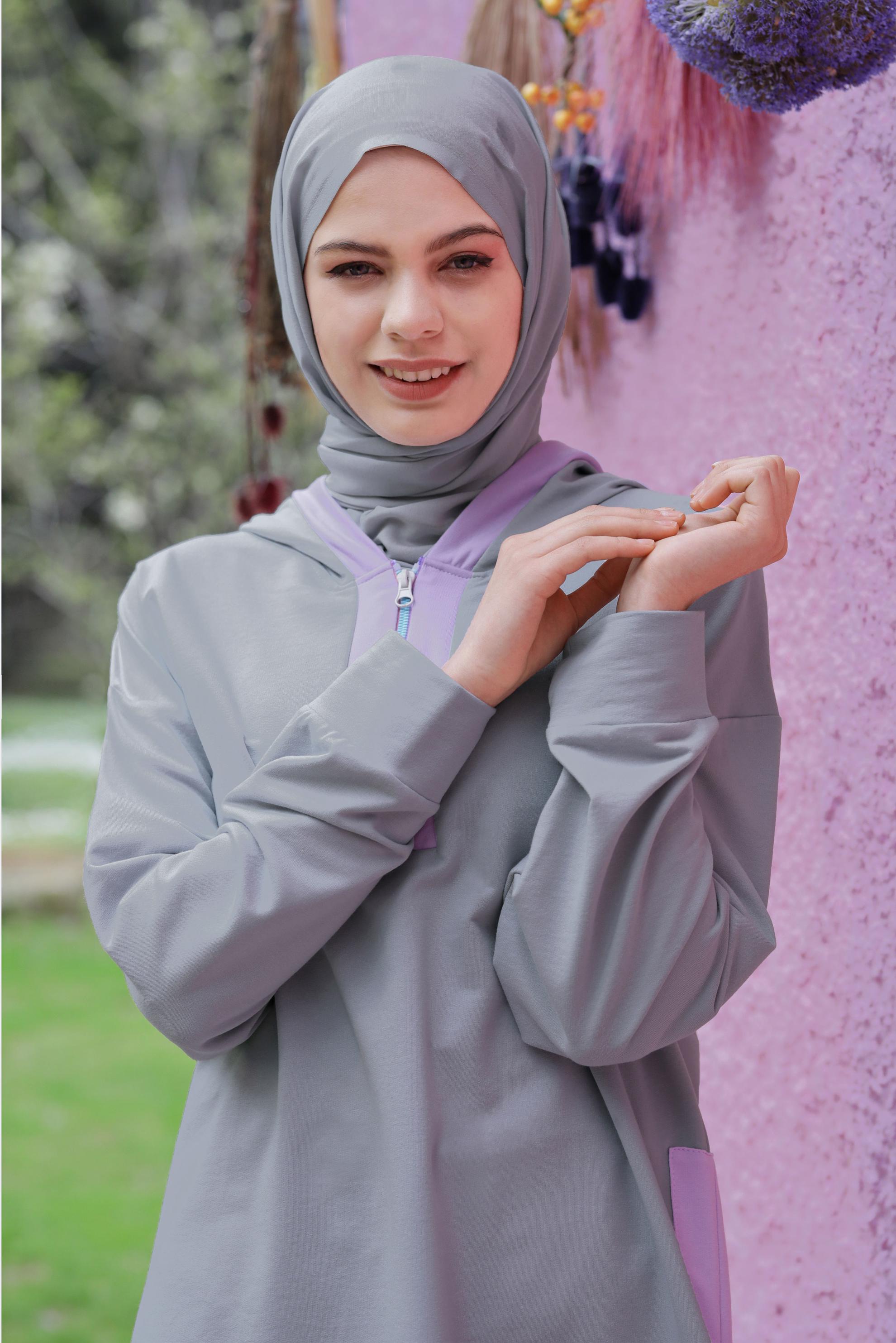 Tesettür giyim GRİ FERMUAR DETAYLI KAPÜŞONLU TUNİK 41799
