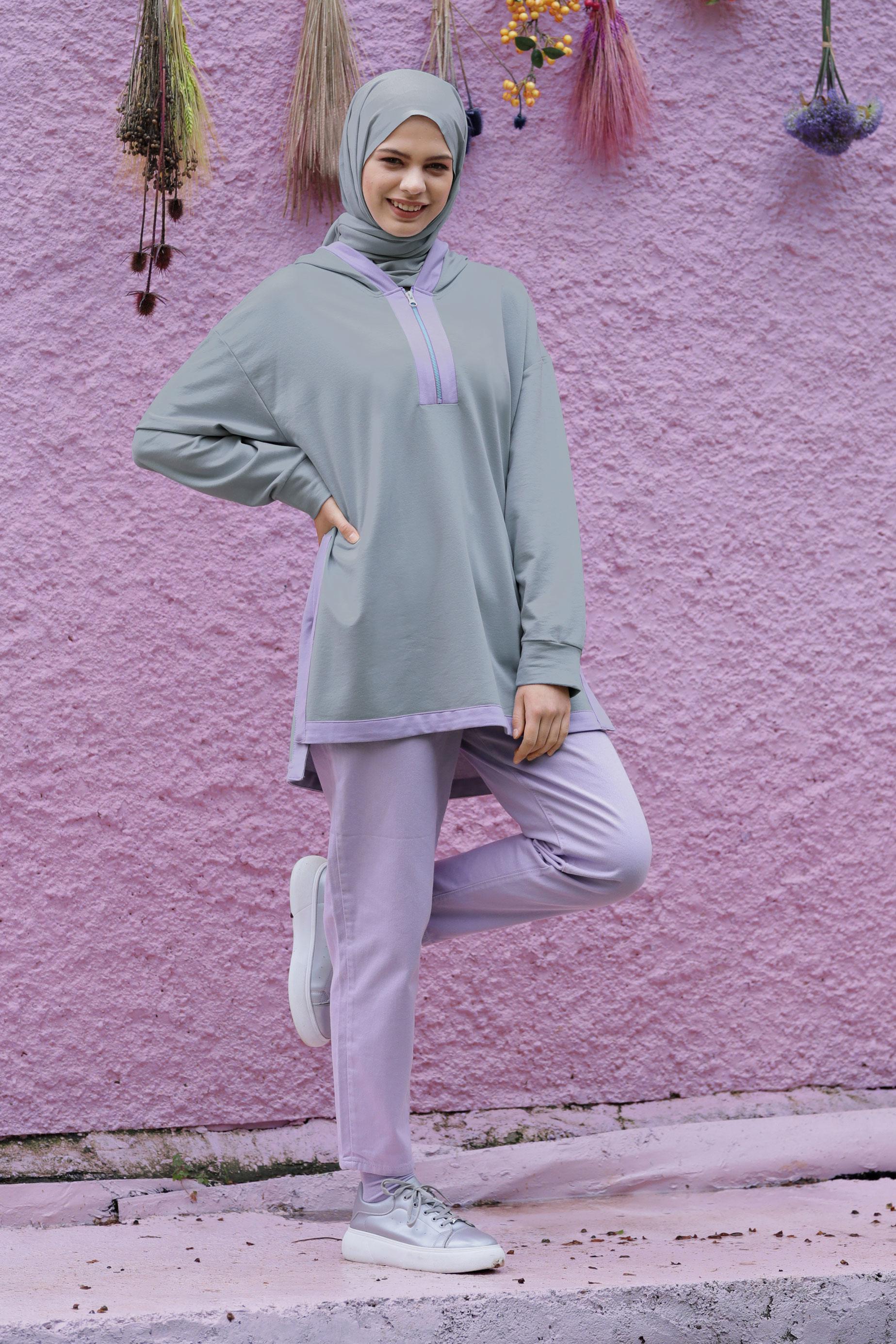 Tesettür giyim GRİ FERMUAR DETAYLI KAPÜŞONLU TUNİK 41799