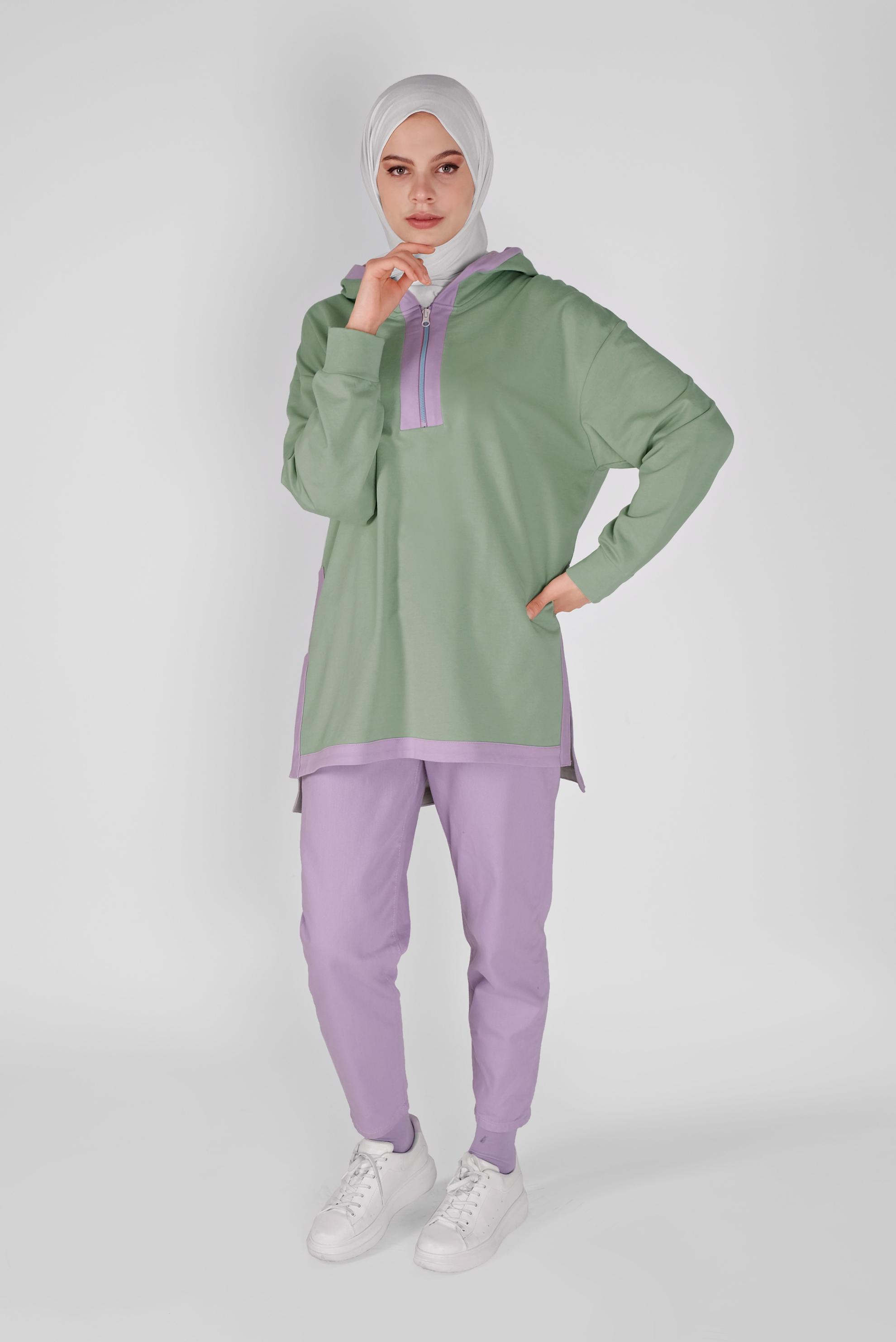 Tesettür giyim YEŞİL FERMUAR DETAYLI KAPÜŞONLU TUNİK 41799