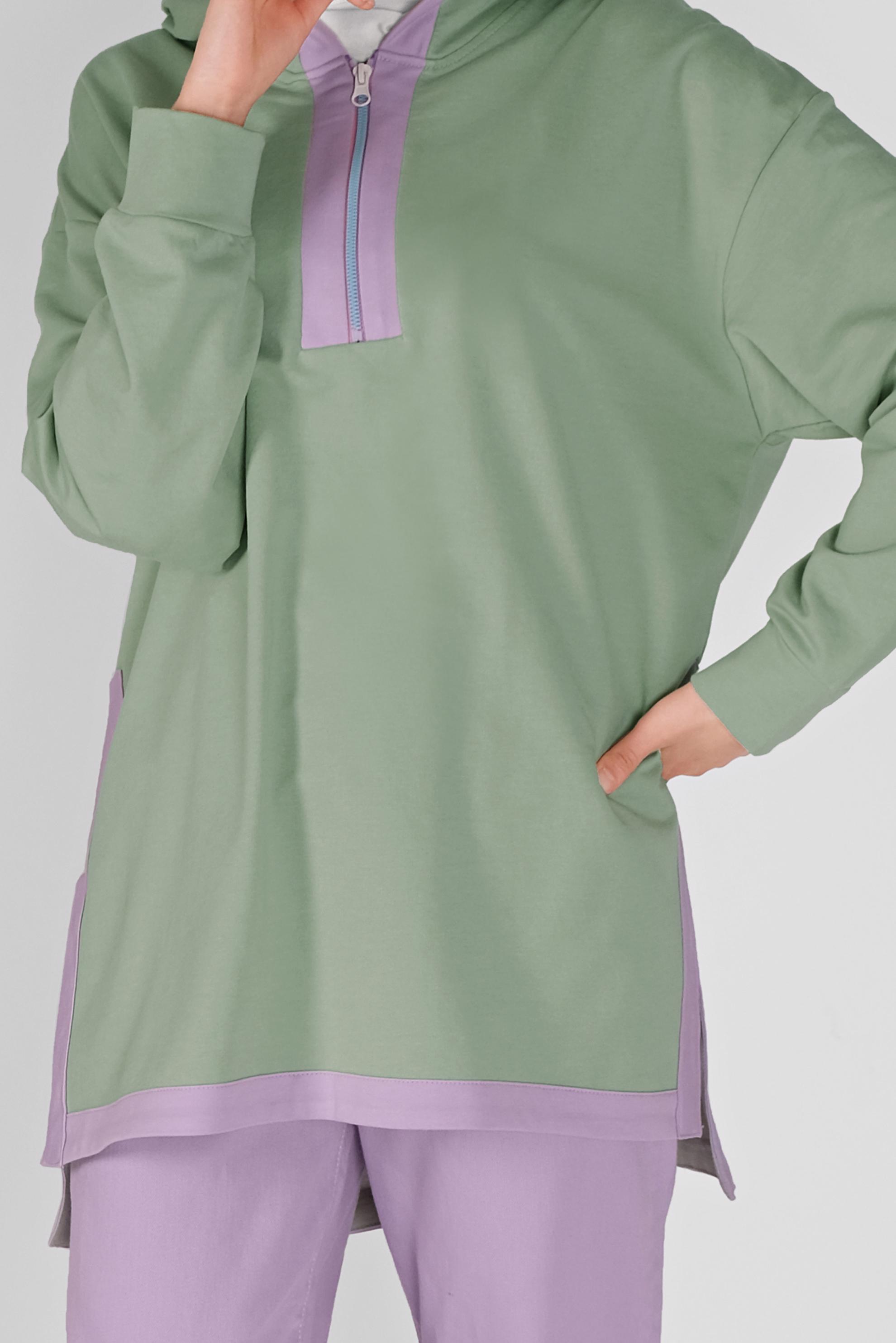 Tesettür giyim YEŞİL FERMUAR DETAYLI KAPÜŞONLU TUNİK 41799