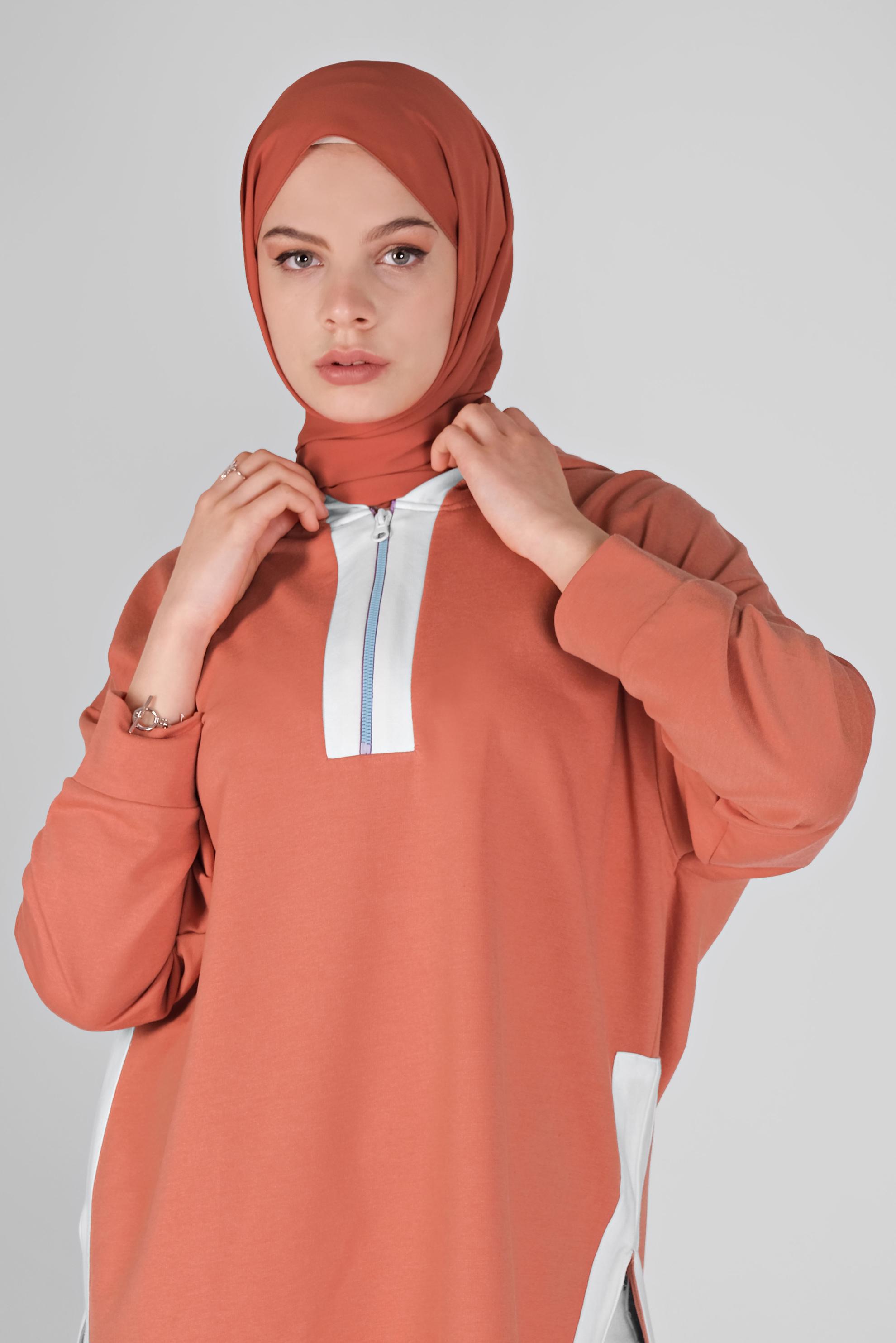 Tesettür giyim TURUNCU FERMUAR DETAYLI KAPÜŞONLU TUNİK 41799