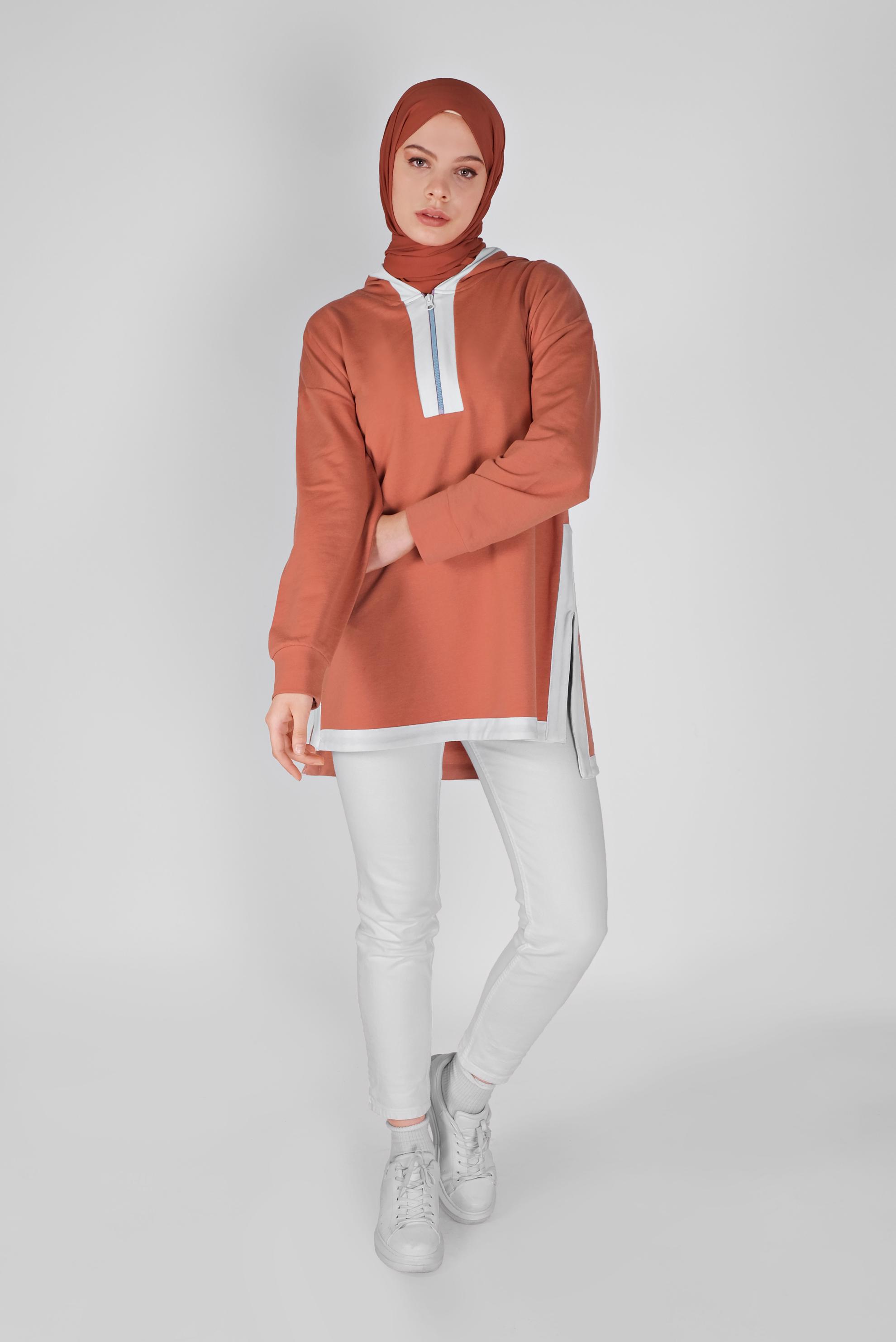 Tesettür giyim TURUNCU FERMUAR DETAYLI KAPÜŞONLU TUNİK 41799