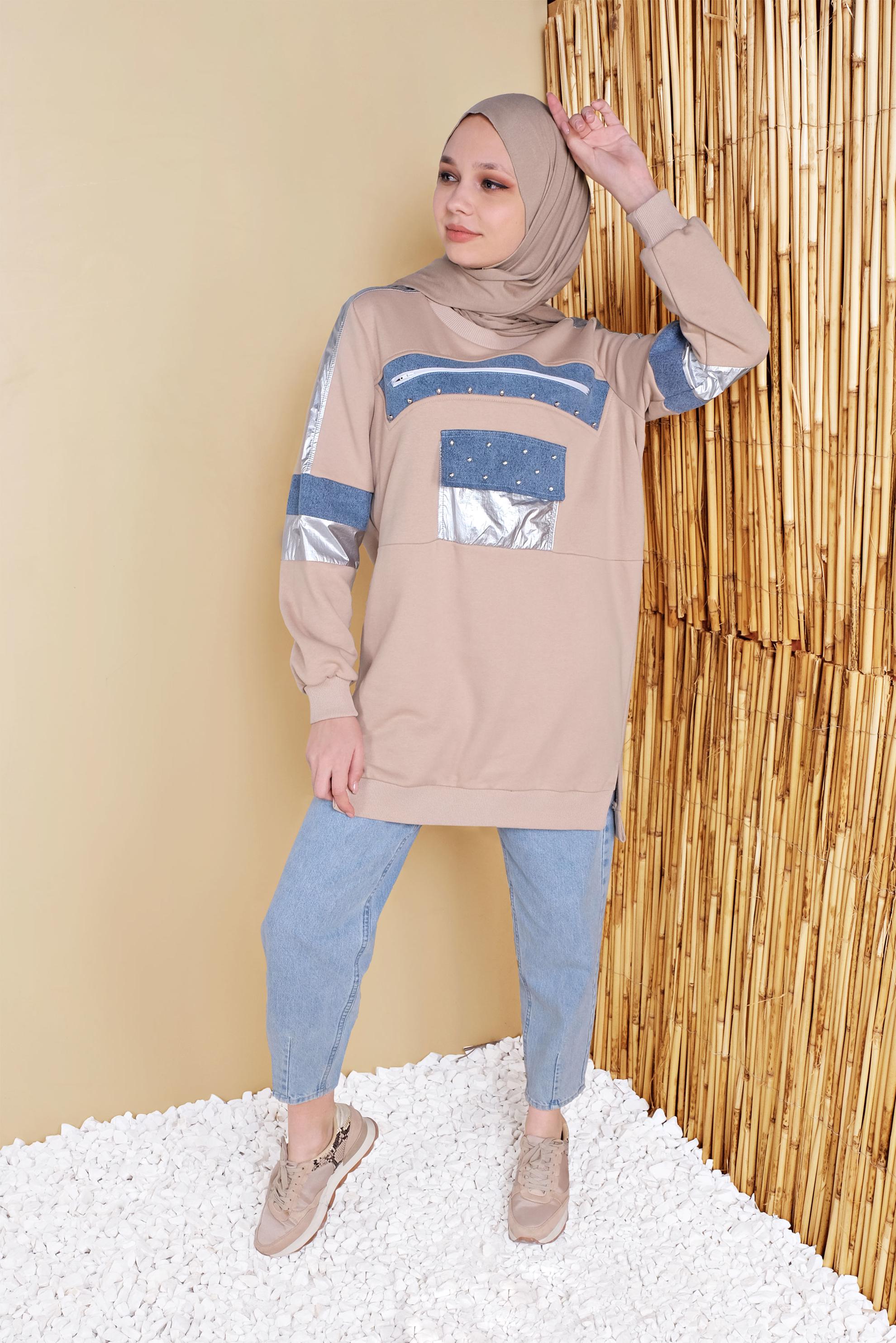 Tesettür giyim BEJ BONCUK İŞLEMELİ YALDIZ DETAYLI TUNİK 41800