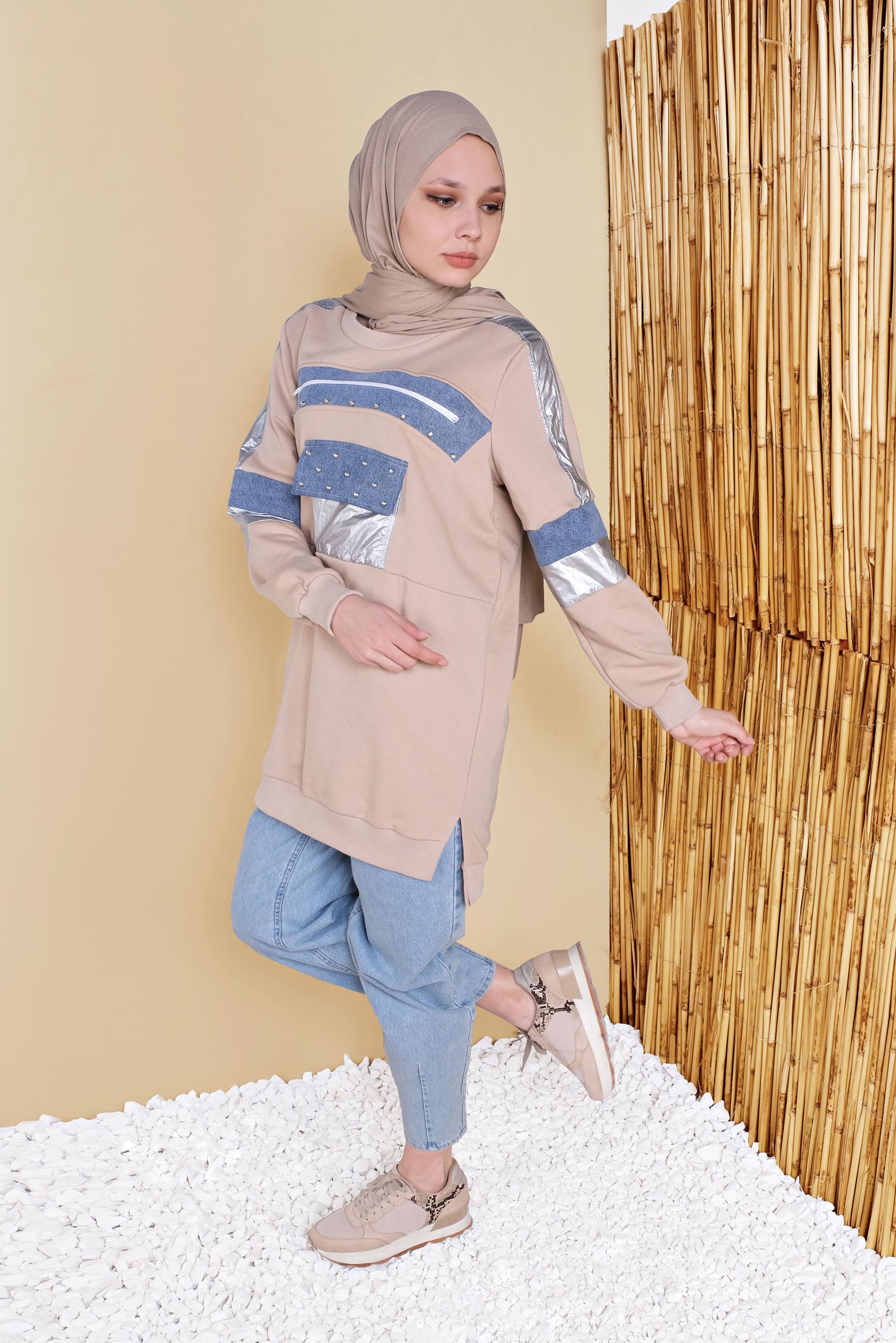 Tesettür giyim BEJ BONCUK İŞLEMELİ YALDIZ DETAYLI TUNİK 41800