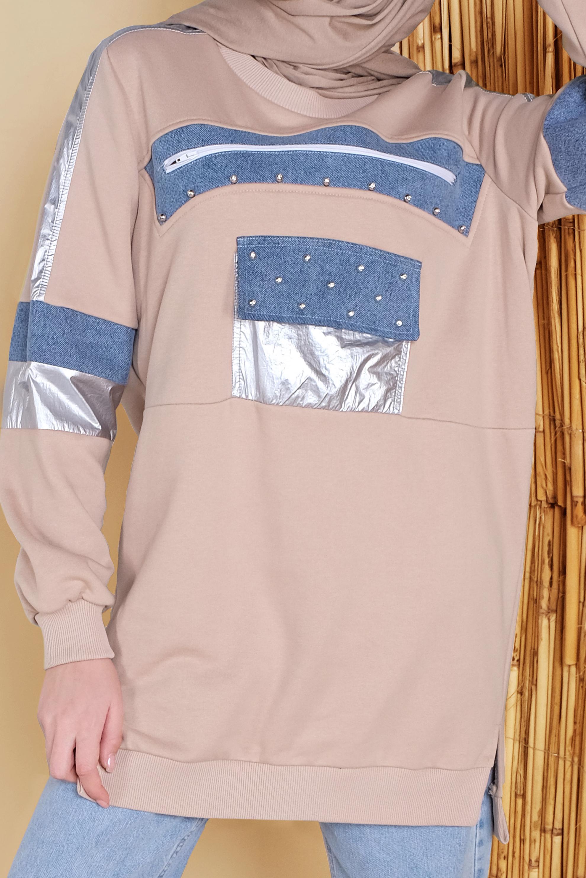 Tesettür giyim BEJ BONCUK İŞLEMELİ YALDIZ DETAYLI TUNİK 41800