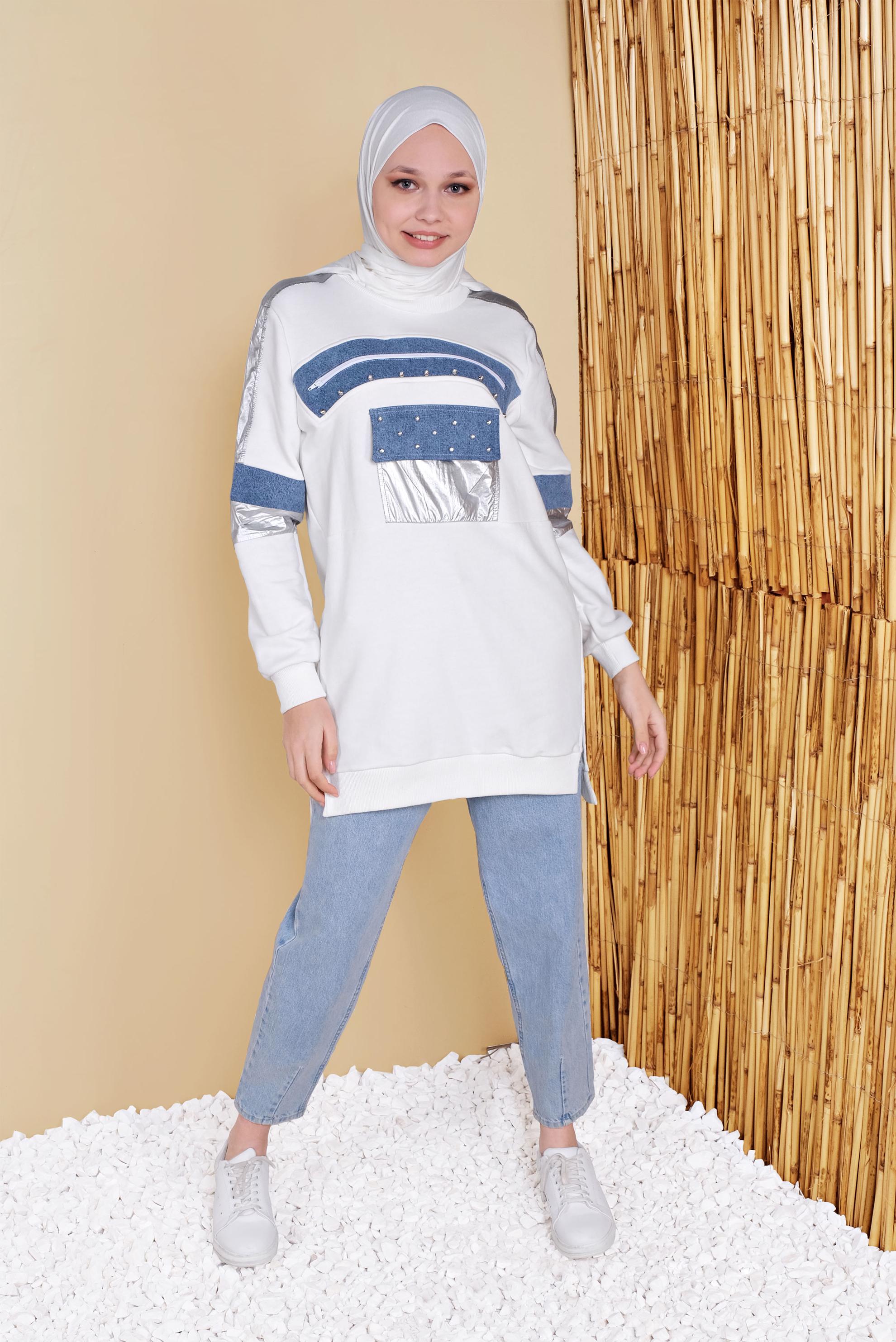 Tesettür giyim EKRU BONCUK İŞLEMELİ YALDIZ DETAYLI TUNİK 41800