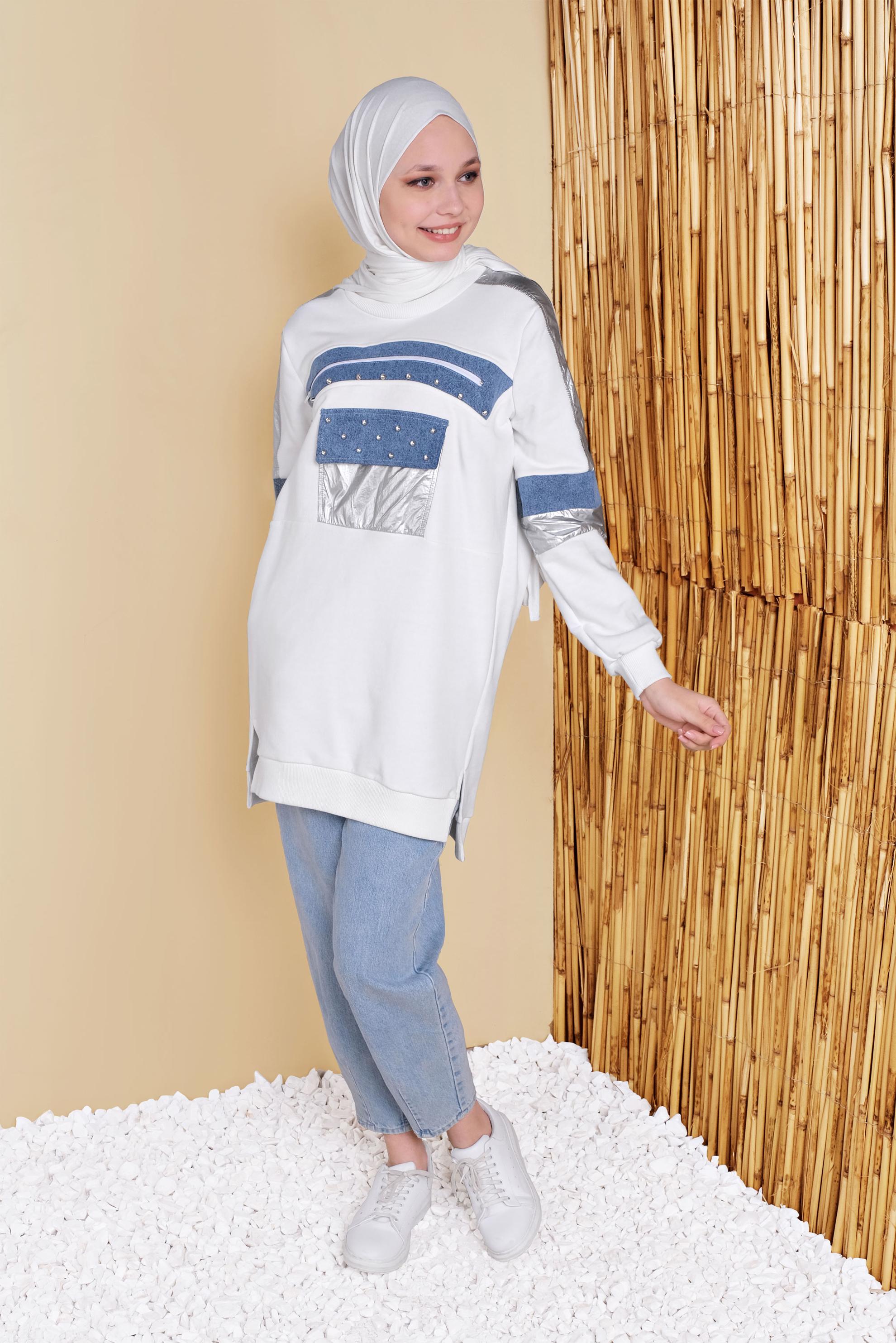 Tesettür giyim EKRU BONCUK İŞLEMELİ YALDIZ DETAYLI TUNİK 41800