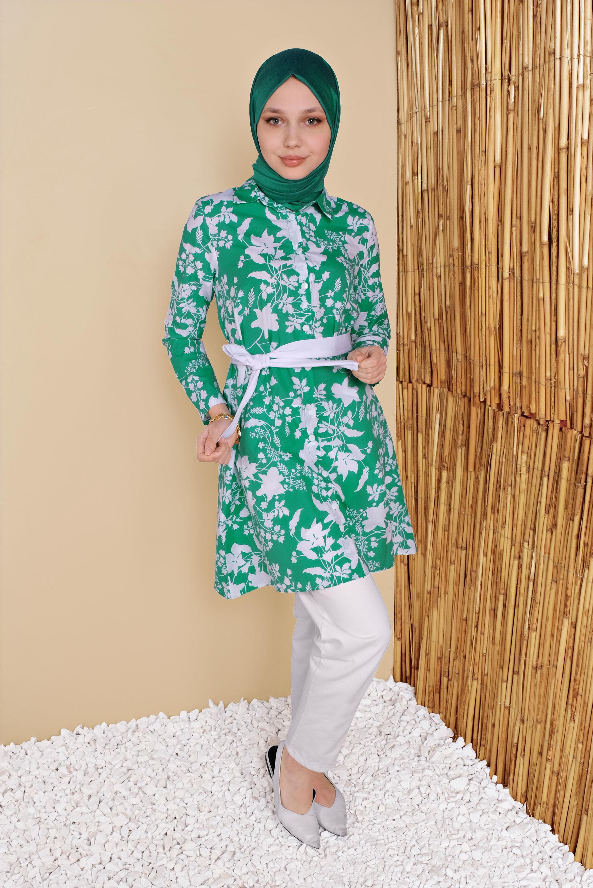 Tesettür giyim YEŞİL ÇİÇEK DESENLİ TUNİK 41804