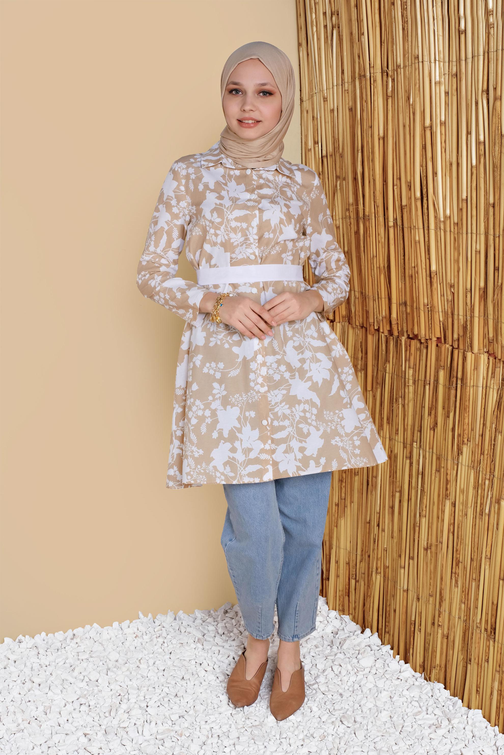 Tesettür giyim BEJ ÇİÇEK DESENLİ TUNİK 41804
