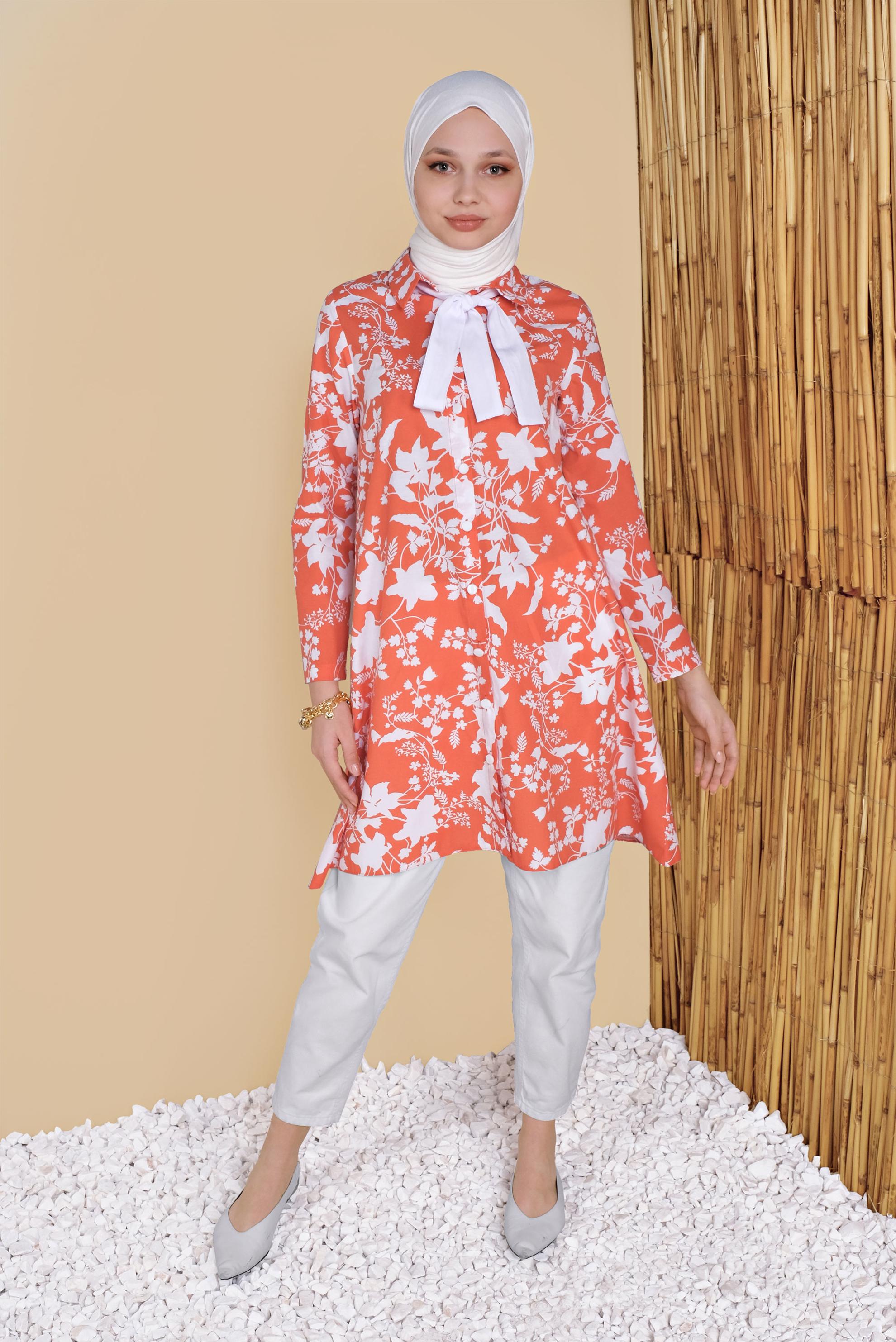 Tesettür giyim TURUNCU ÇİÇEK DESENLİ TUNİK 41804