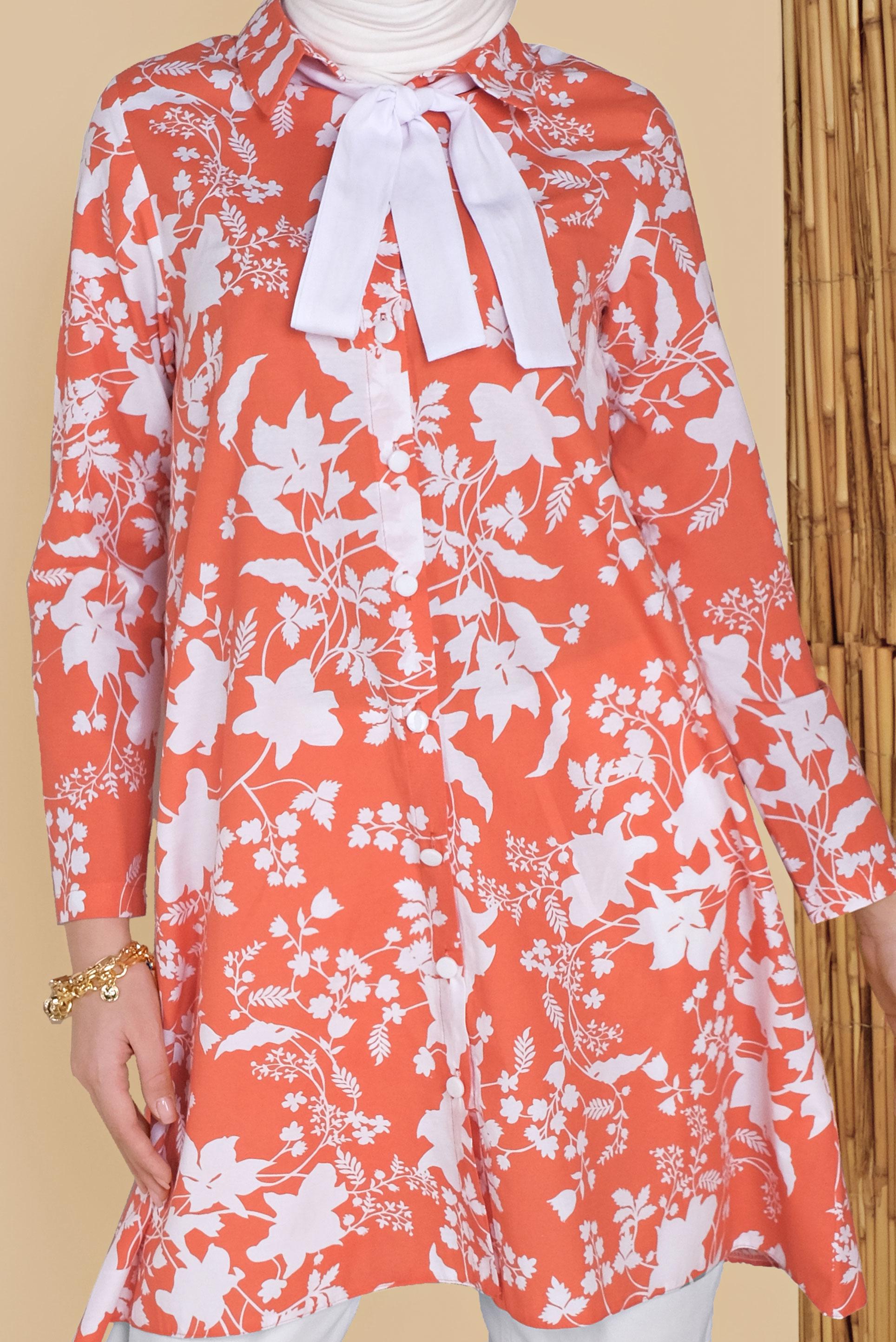 Tesettür giyim TURUNCU ÇİÇEK DESENLİ TUNİK 41804