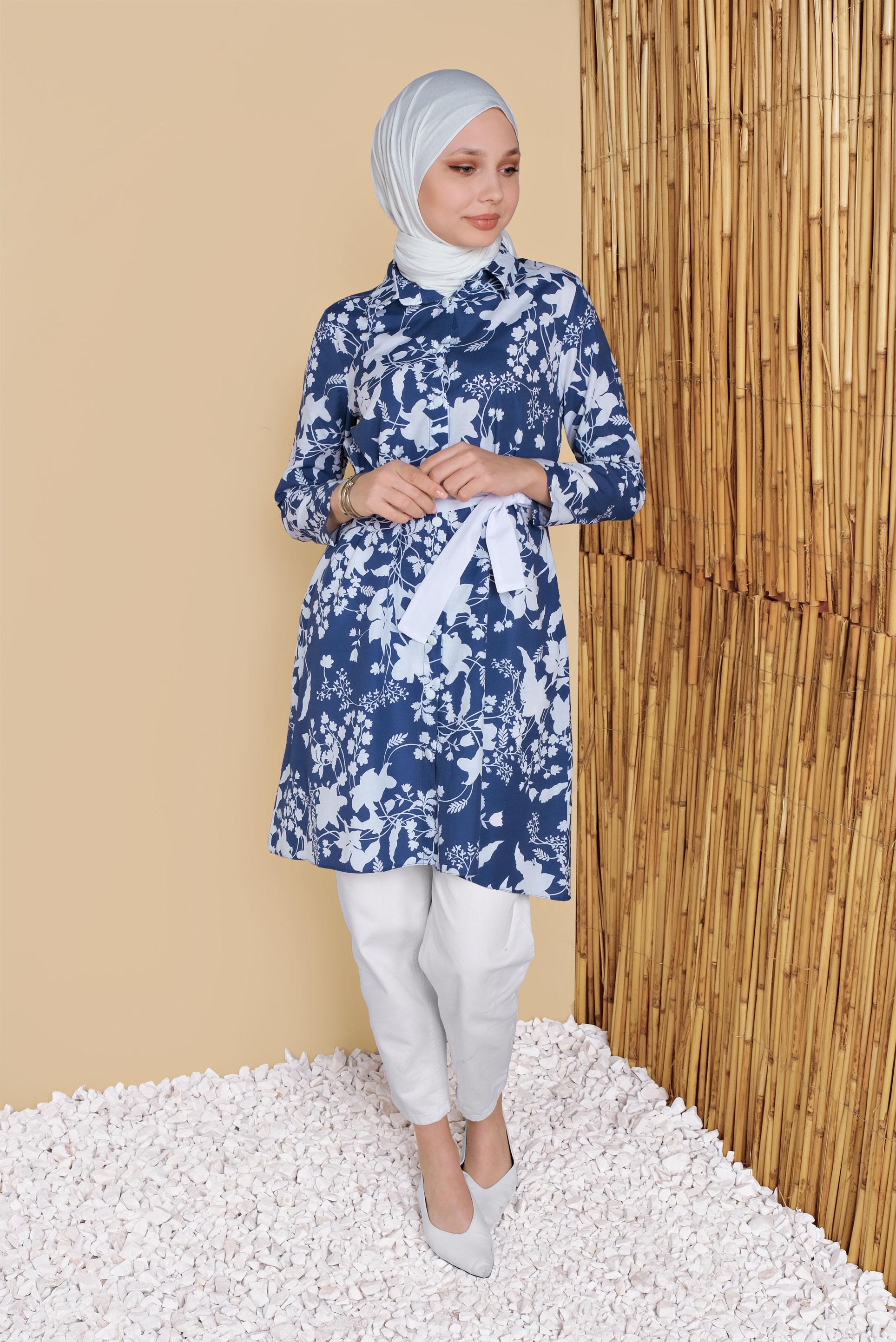 Tesettür giyim LACİVERT ÇİÇEK DESENLİ TUNİK 41804