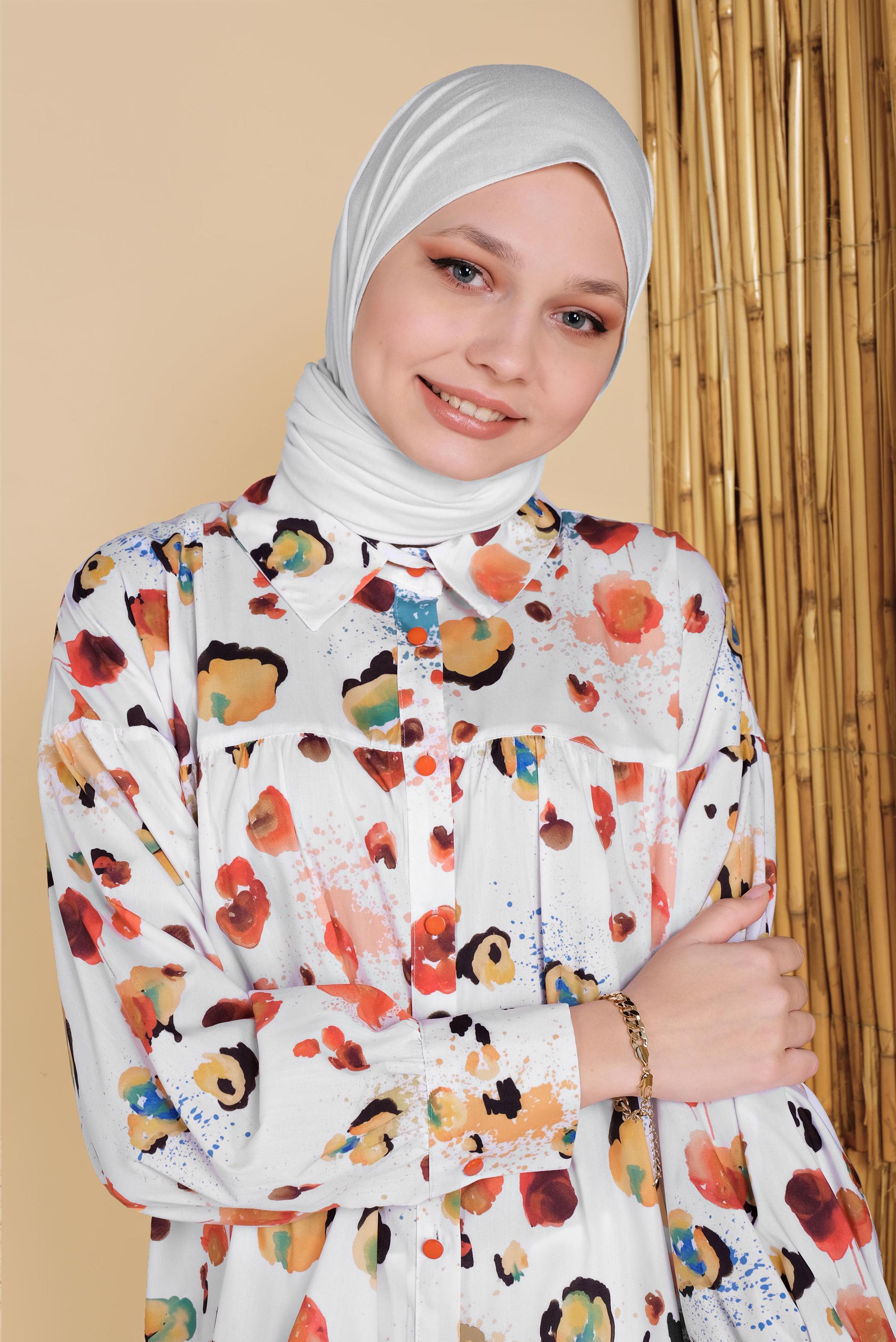 Tesettür giyim TURUNCU ERKEK YAKA DESENLİ TUNİK 41806