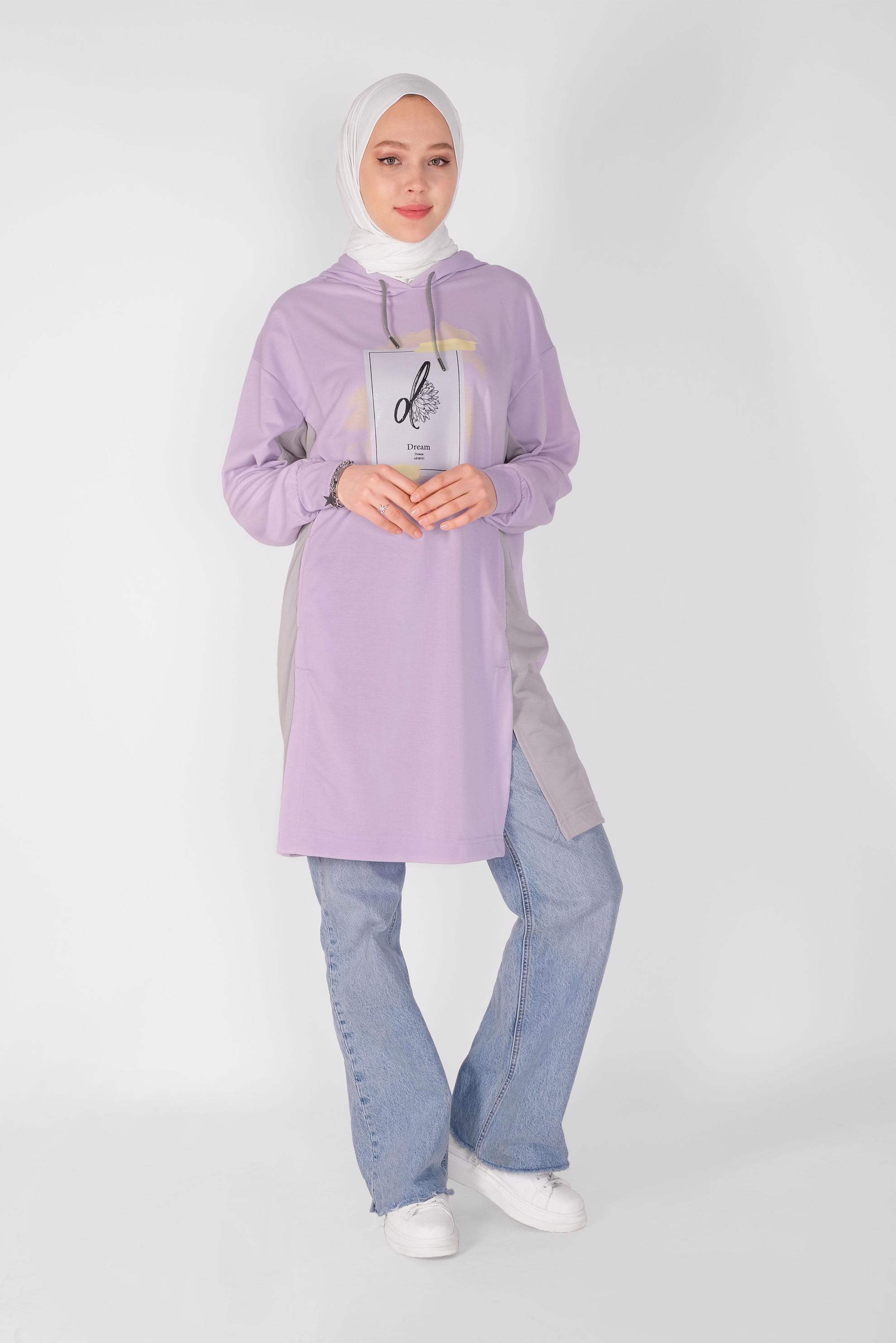 Tesettür giyim MOR KAPÜŞONLU BASKI DETAYLI TUNİK 41807 
