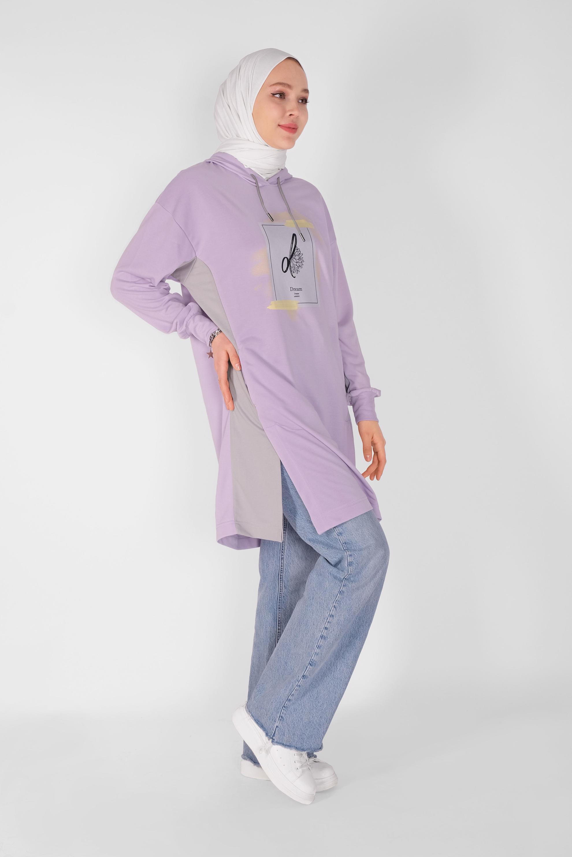 Tesettür giyim MOR KAPÜŞONLU BASKI DETAYLI TUNİK 41807 