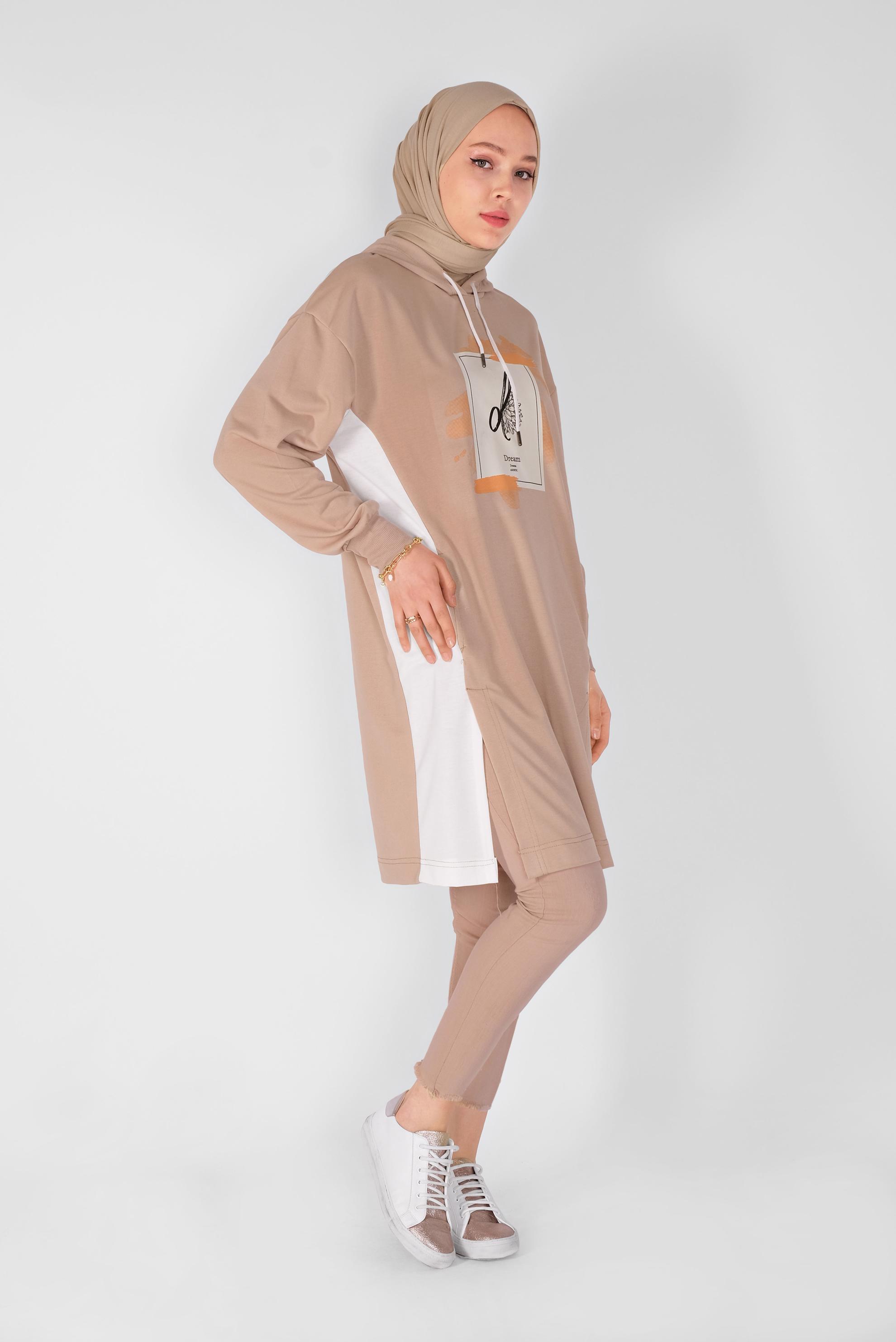 Tesettür giyim KAHVE KAPÜŞONLU BASKI DETAYLI TUNİK 41807 
