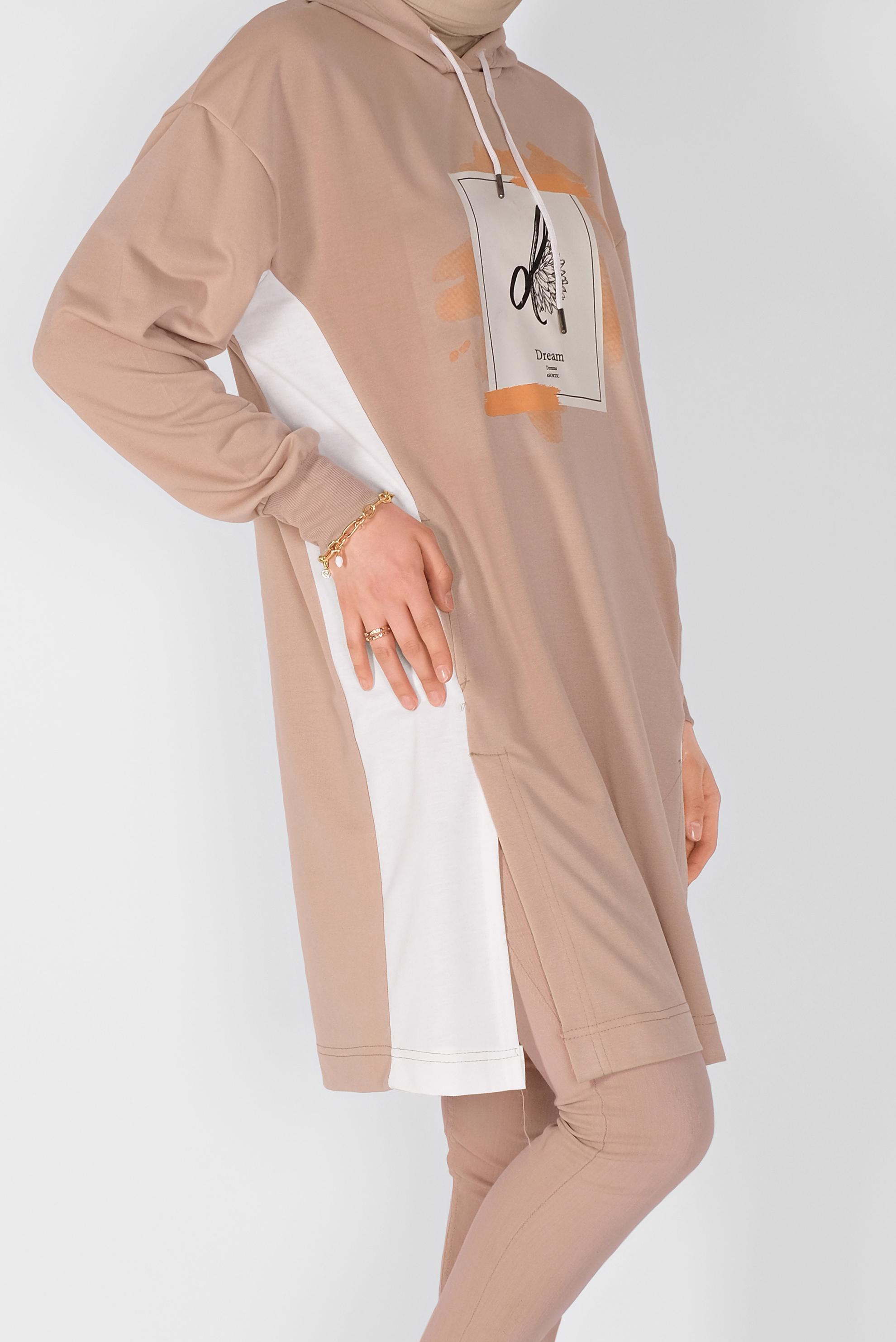 Tesettür giyim KAHVE KAPÜŞONLU BASKI DETAYLI TUNİK 41807 