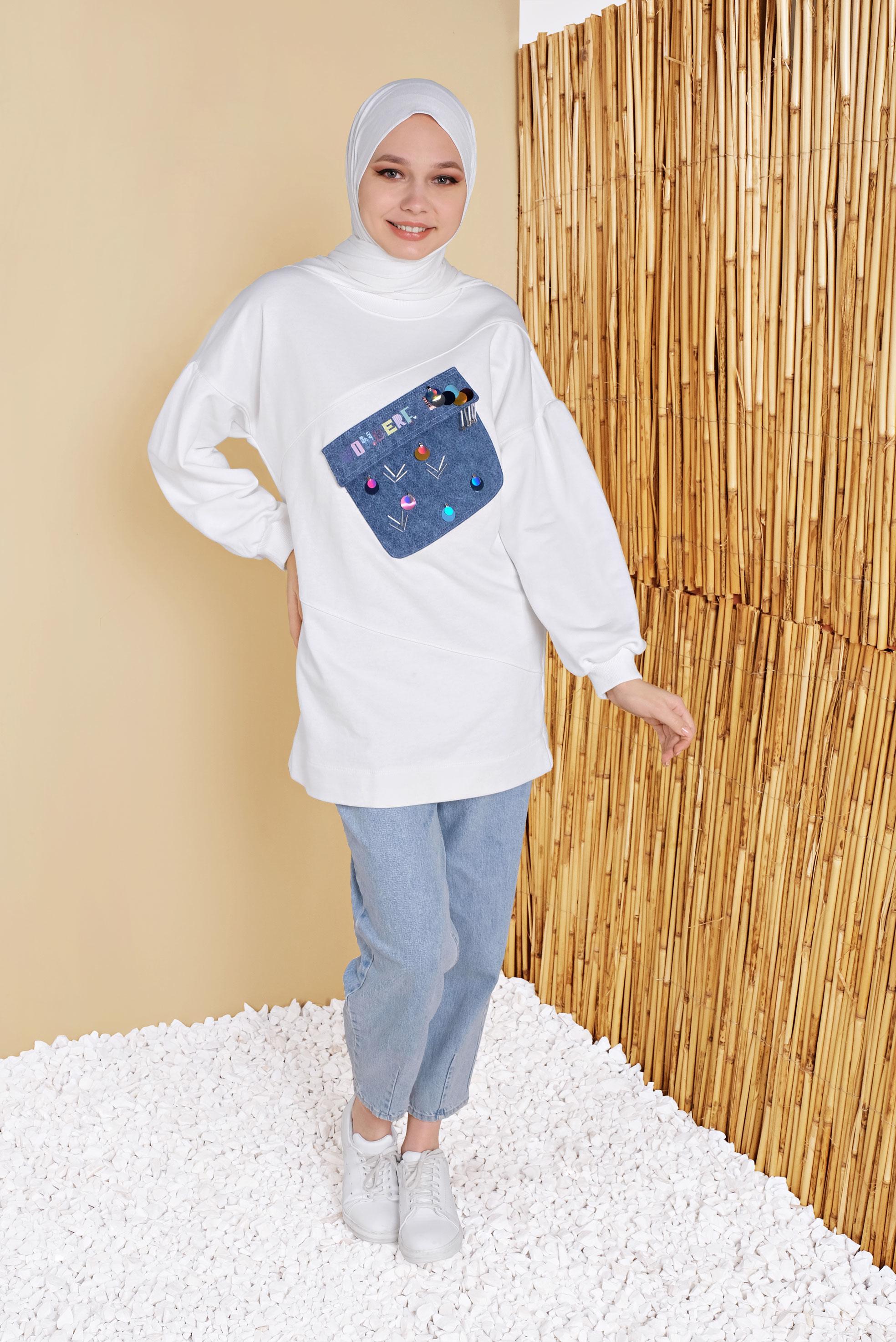 Tesettür giyim BEYAZ CEP DETAYLI İŞLEMELİ TUNİK 41808 