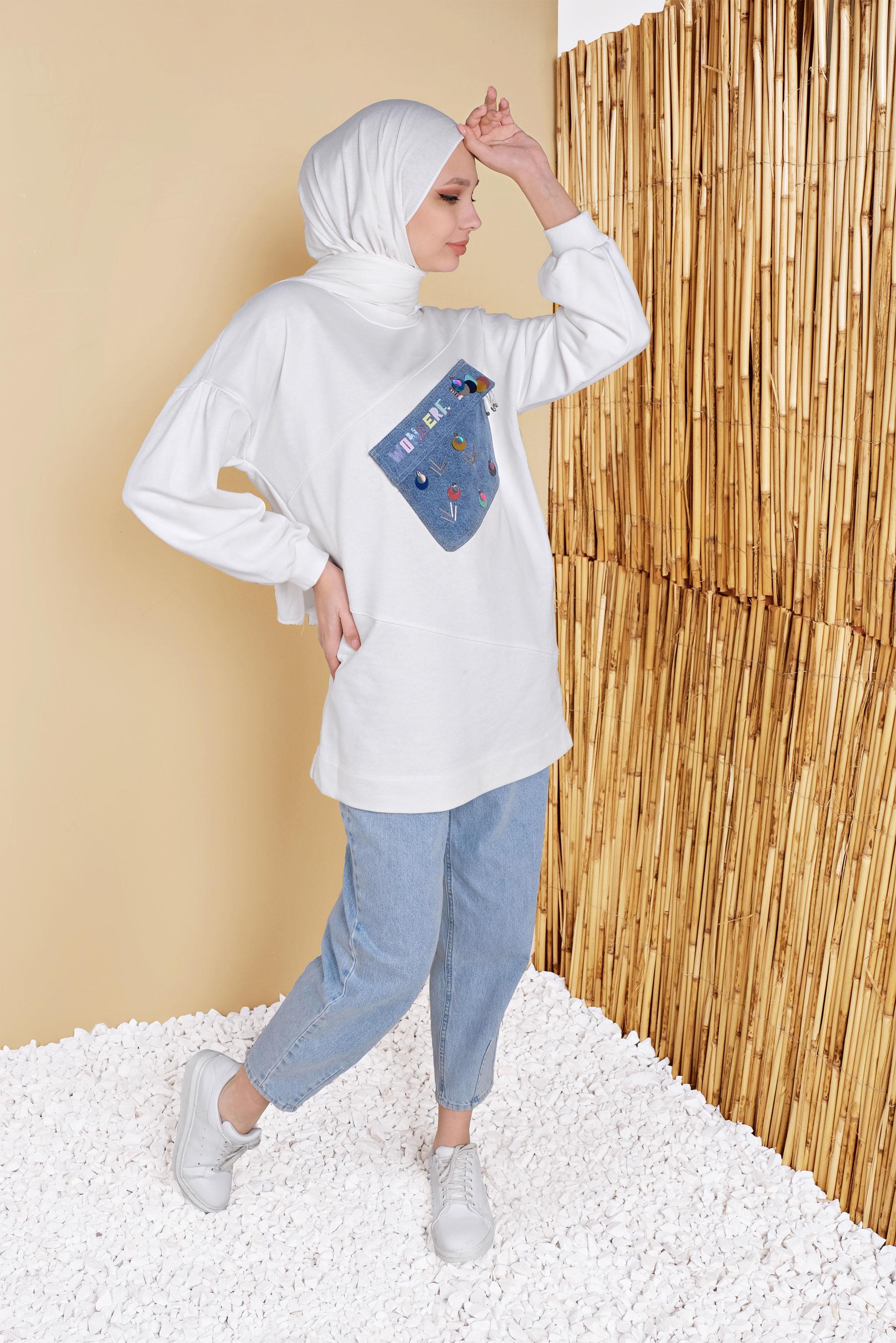 Tesettür giyim BEYAZ CEP DETAYLI İŞLEMELİ TUNİK 41808 