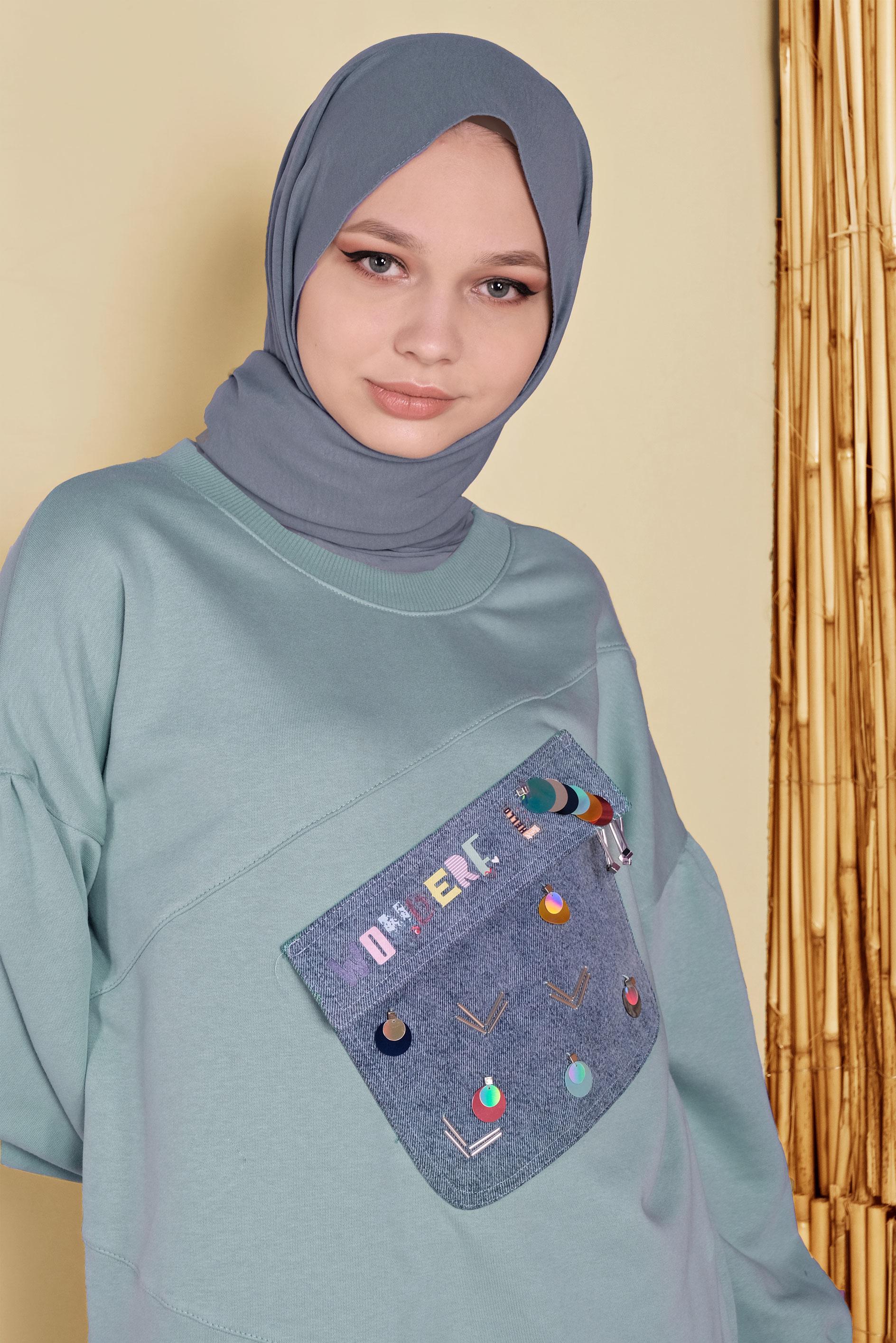 Tesettür giyim YEŞİL CEP DETAYLI İŞLEMELİ TUNİK 41808 