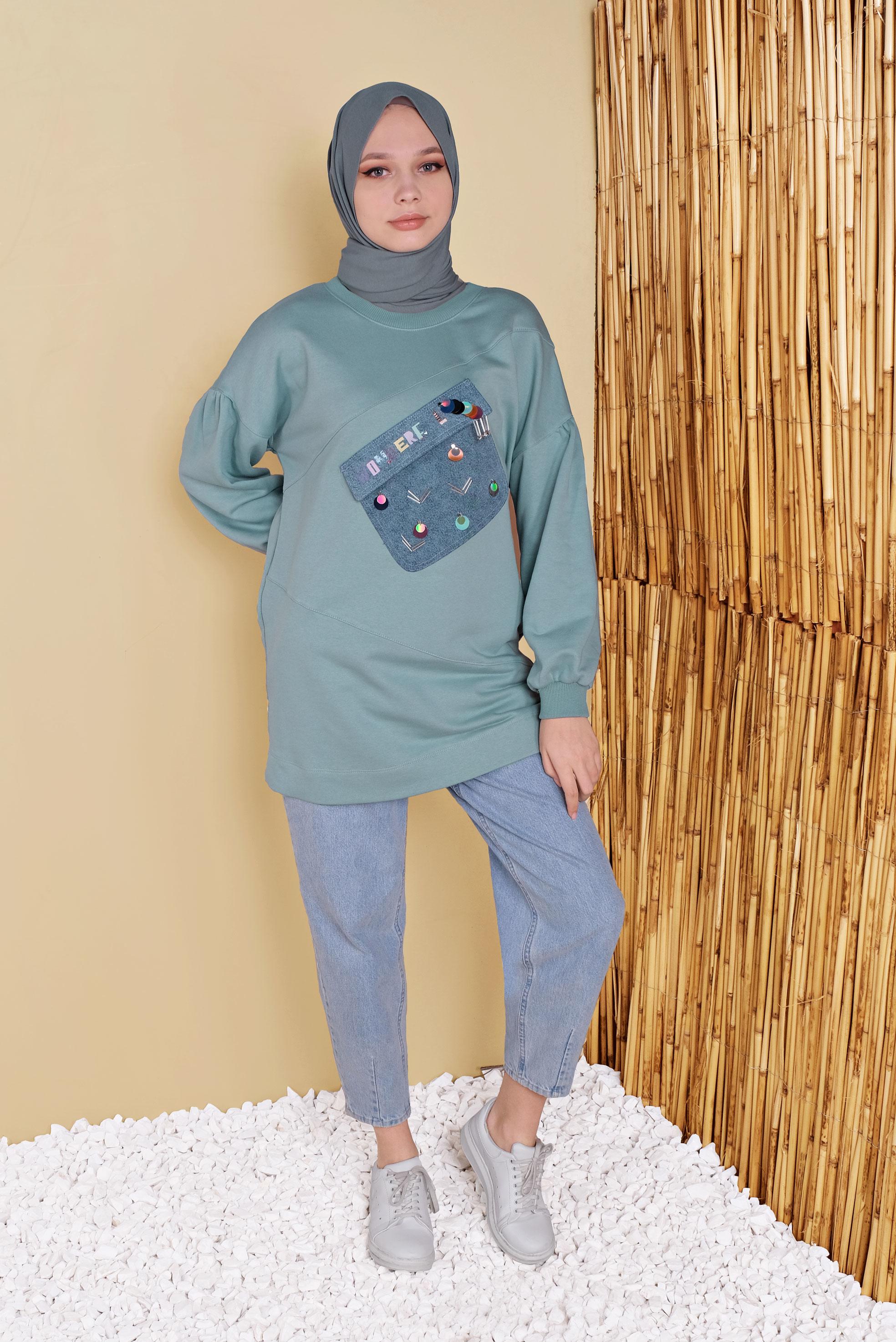 Tesettür giyim YEŞİL CEP DETAYLI İŞLEMELİ TUNİK 41808 