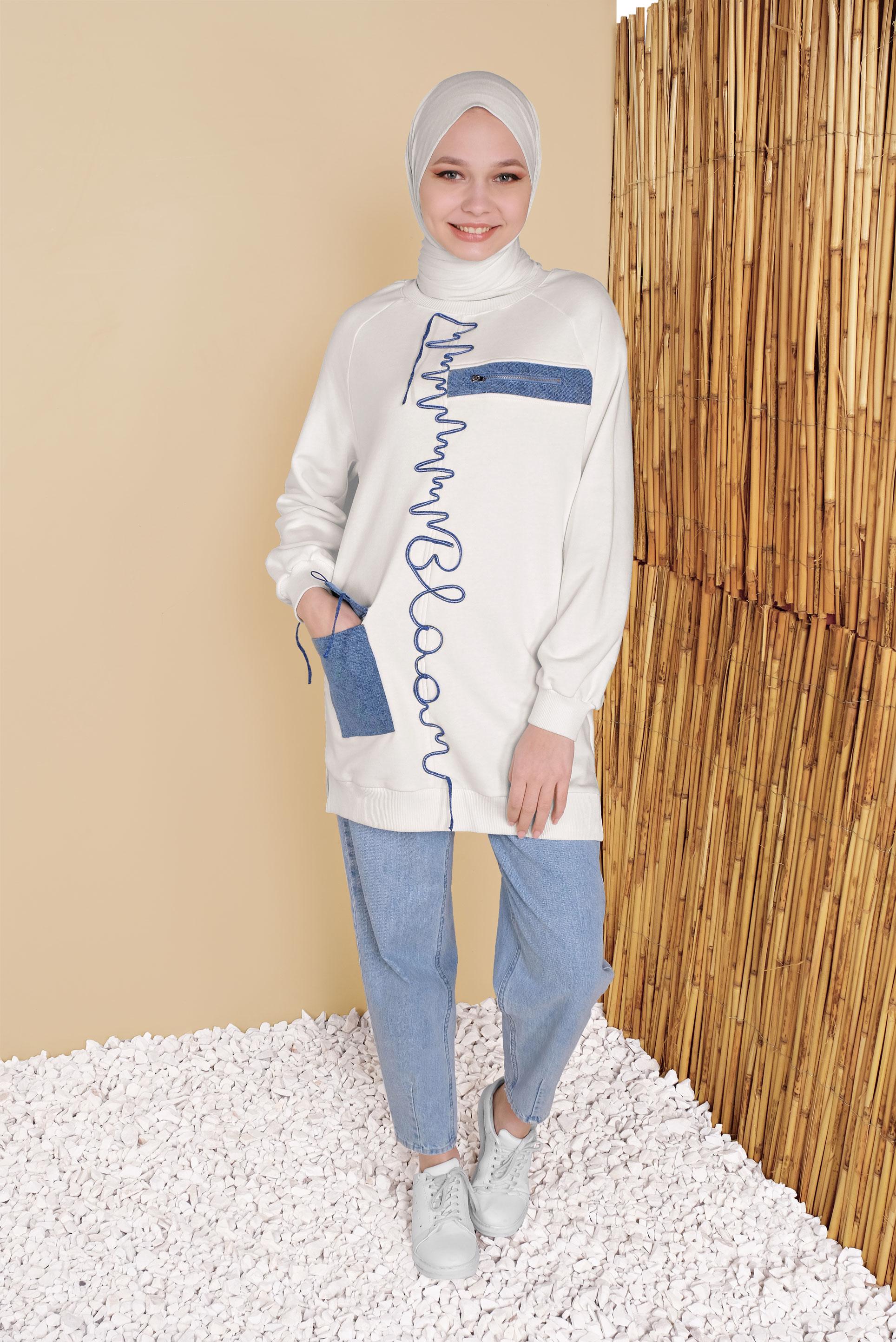 Tesettür giyim EKRU FERMUAR DETAYLI TUNİK 41809 