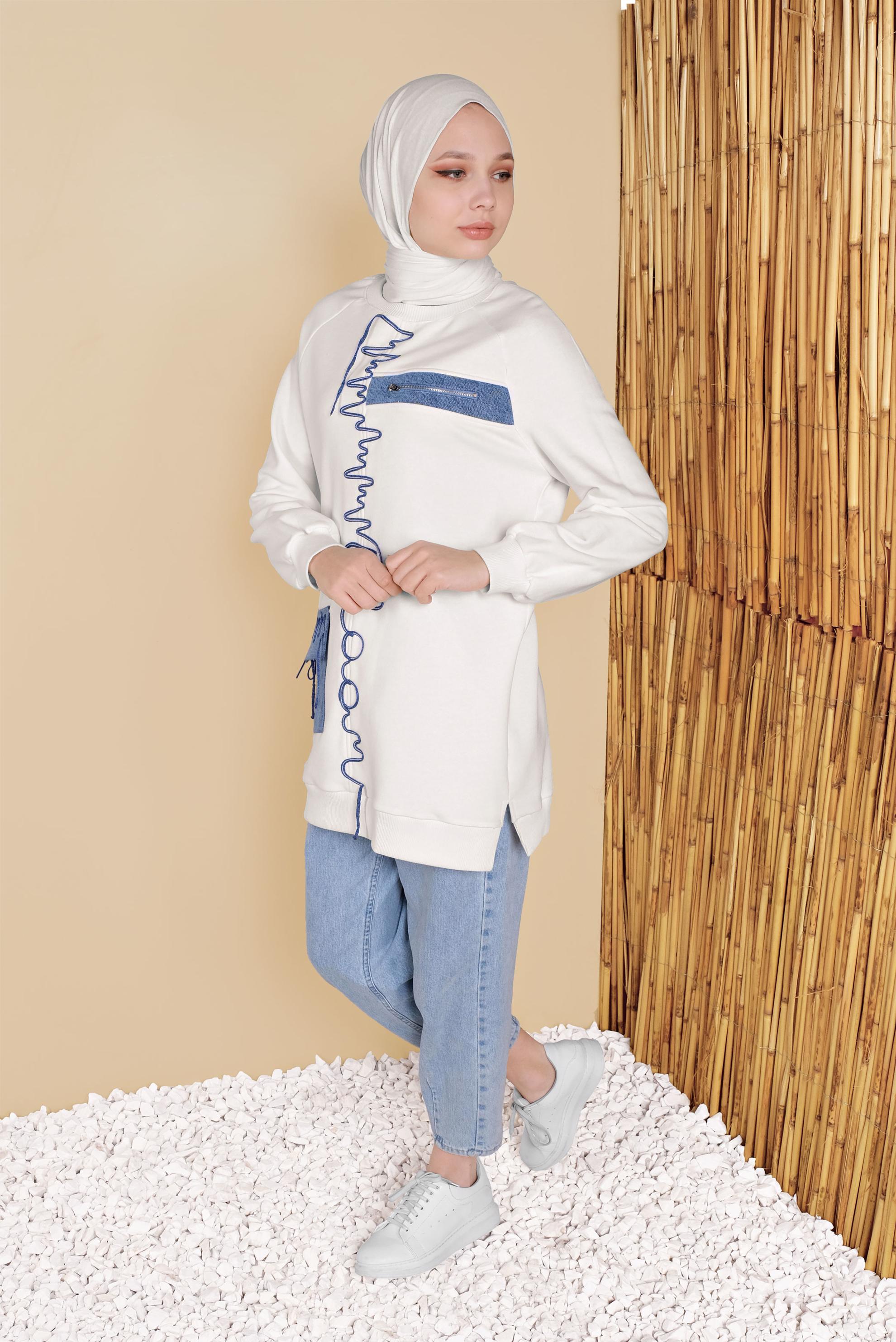 Tesettür giyim EKRU FERMUAR DETAYLI TUNİK 41809 